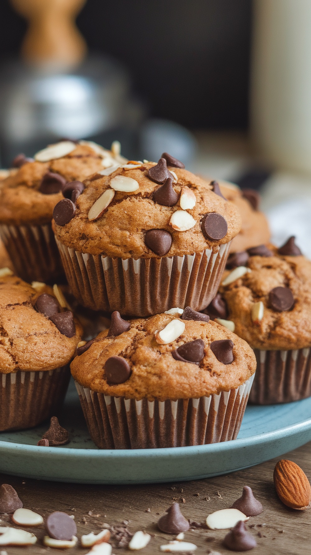 Delicious chocolate chip almond flour muffins topped with chocolate chips and sliced almonds.