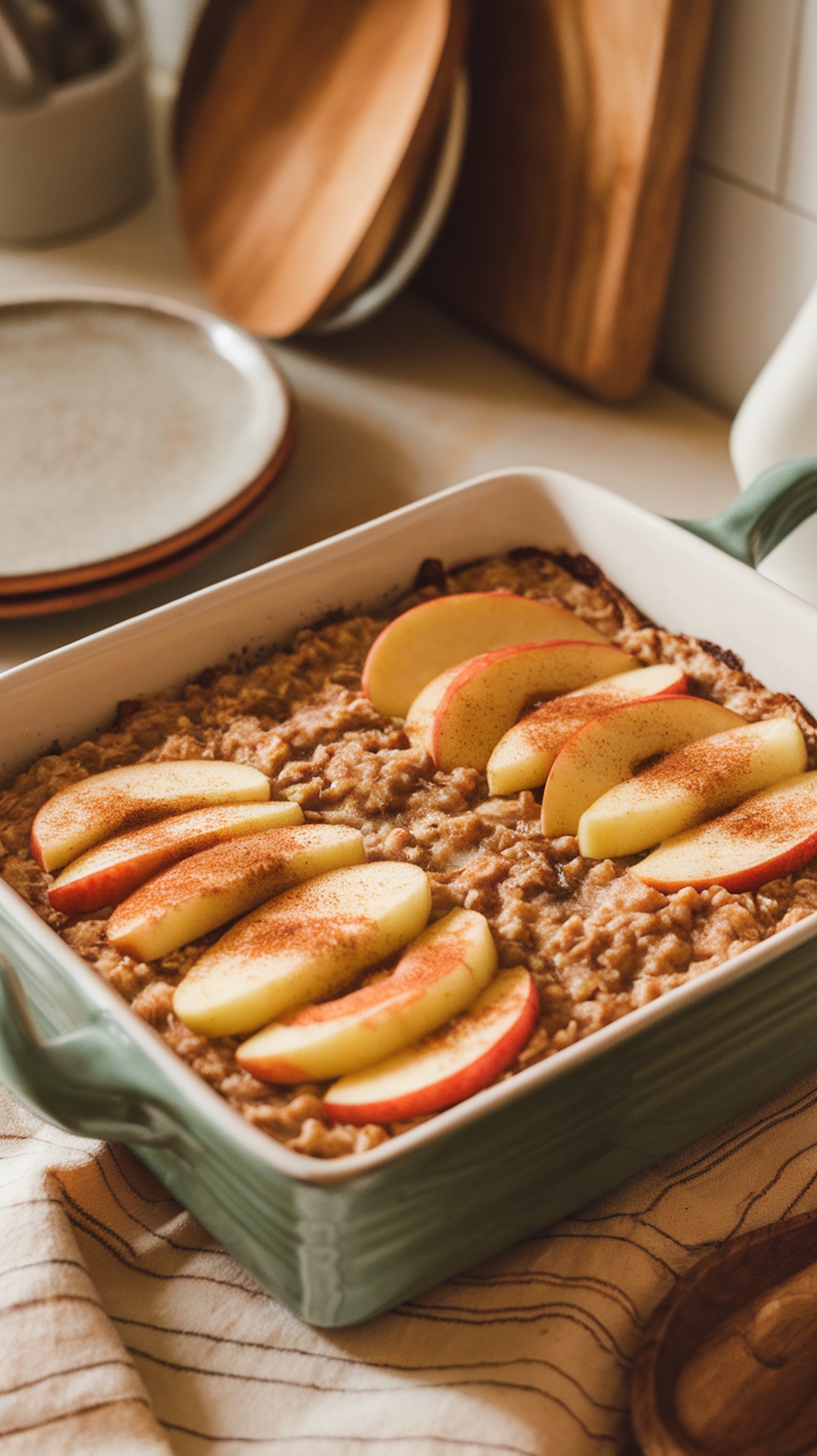 A baked oatmeal dish topped with apple slices and sprinkled with cinnamon.
