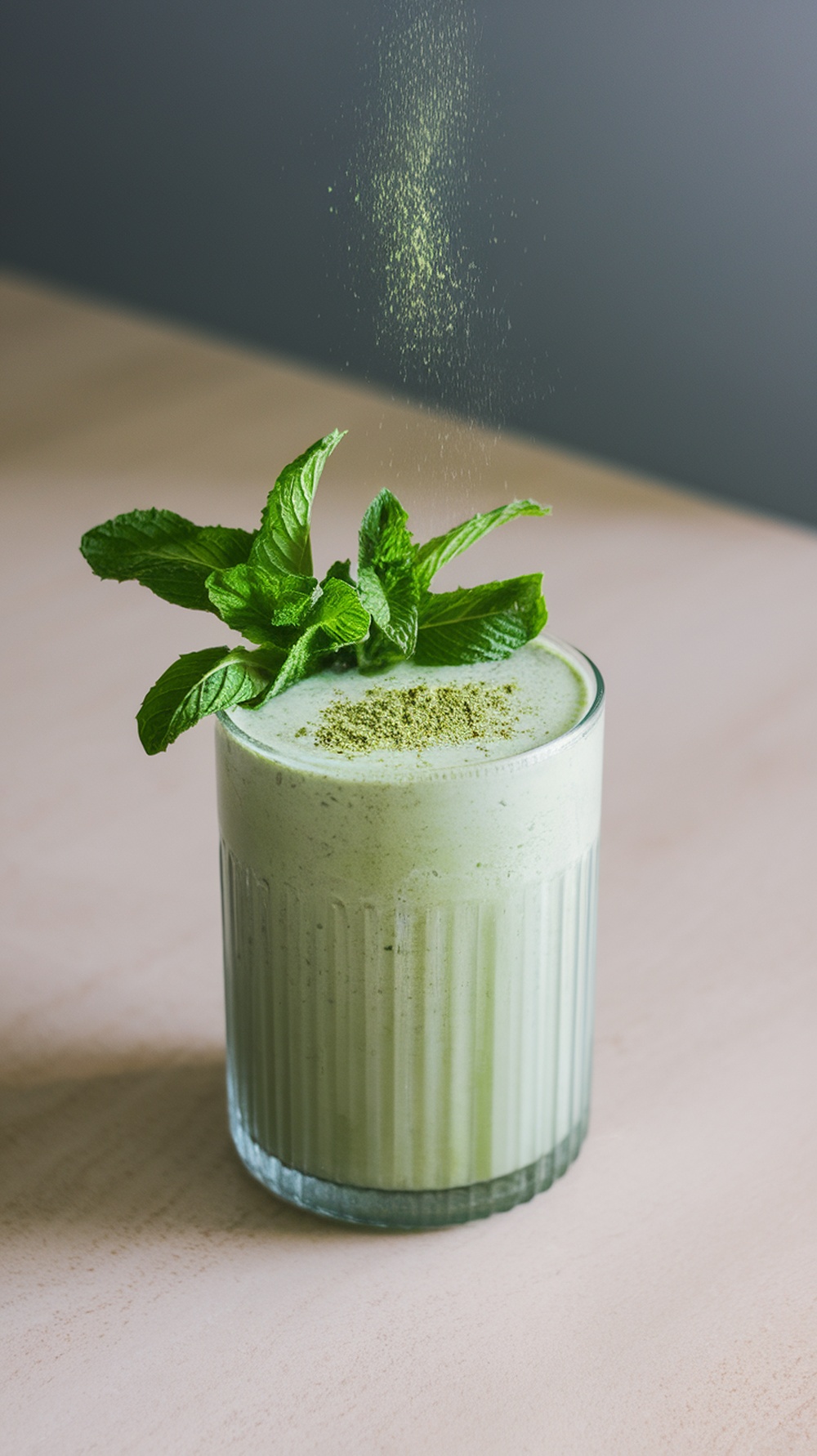 A refreshing Matcha Mint Protein Shake topped with mint leaves and matcha powder.