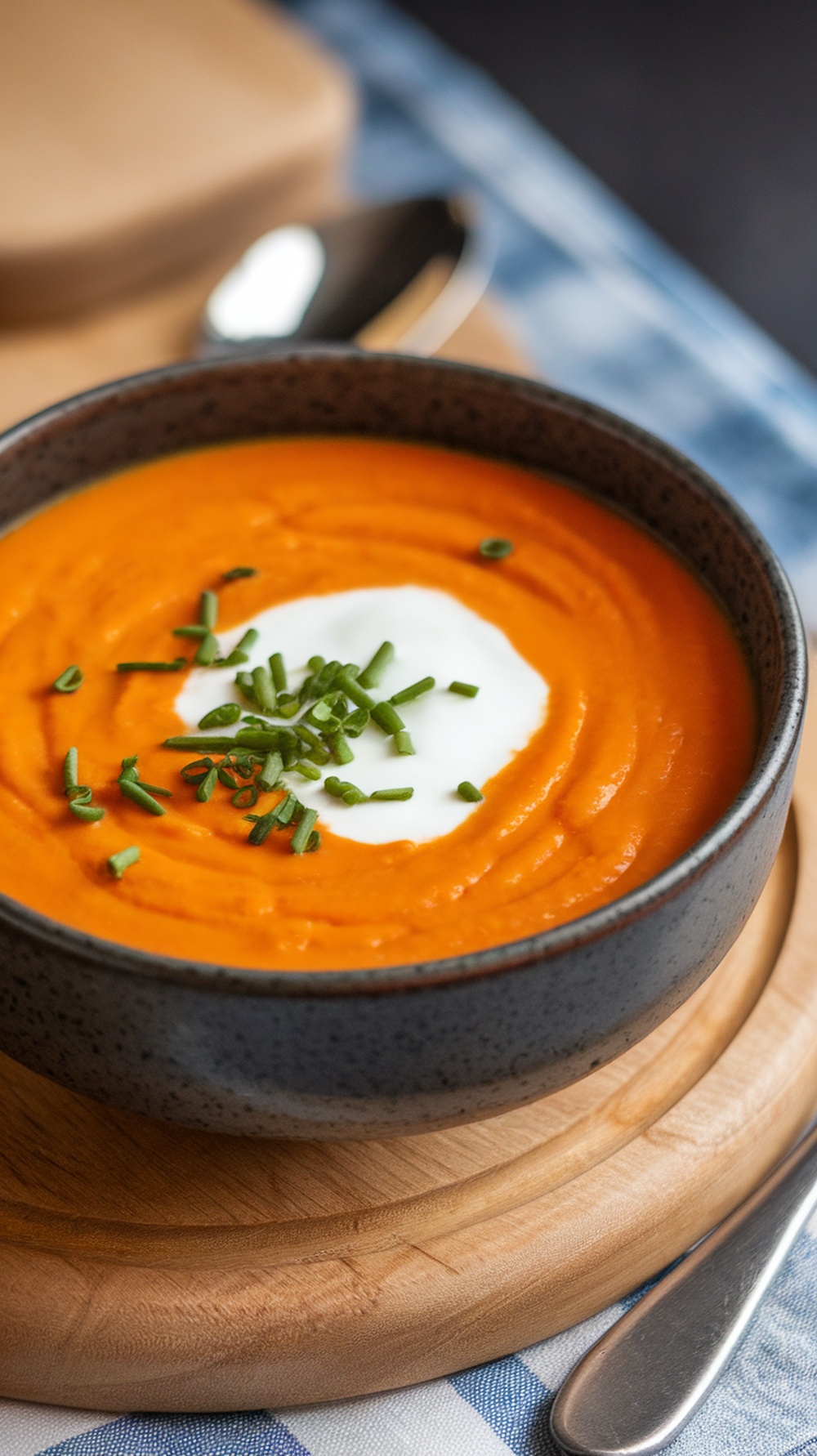 A bowl of vibrant carrot ginger soup topped with yogurt and chives.