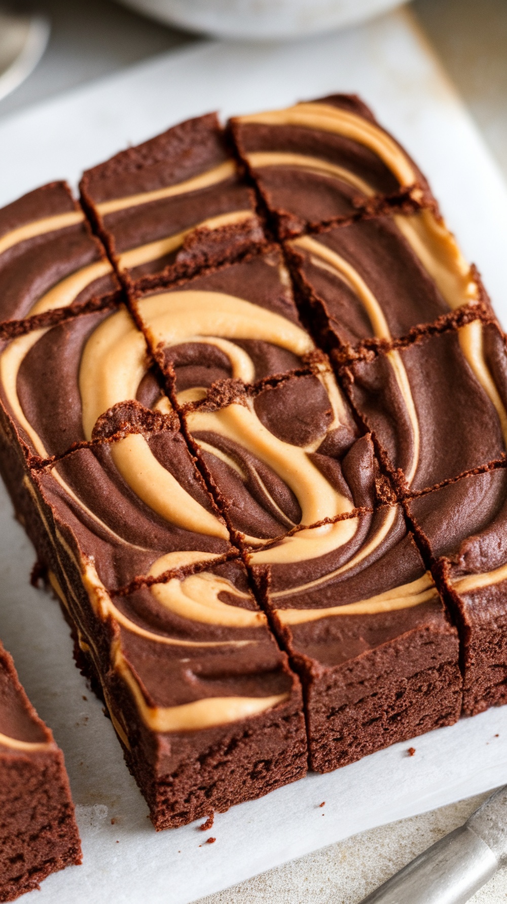 Peanut Butter Swirl Protein Brownies sliced into squares with a creamy peanut butter swirl on top.