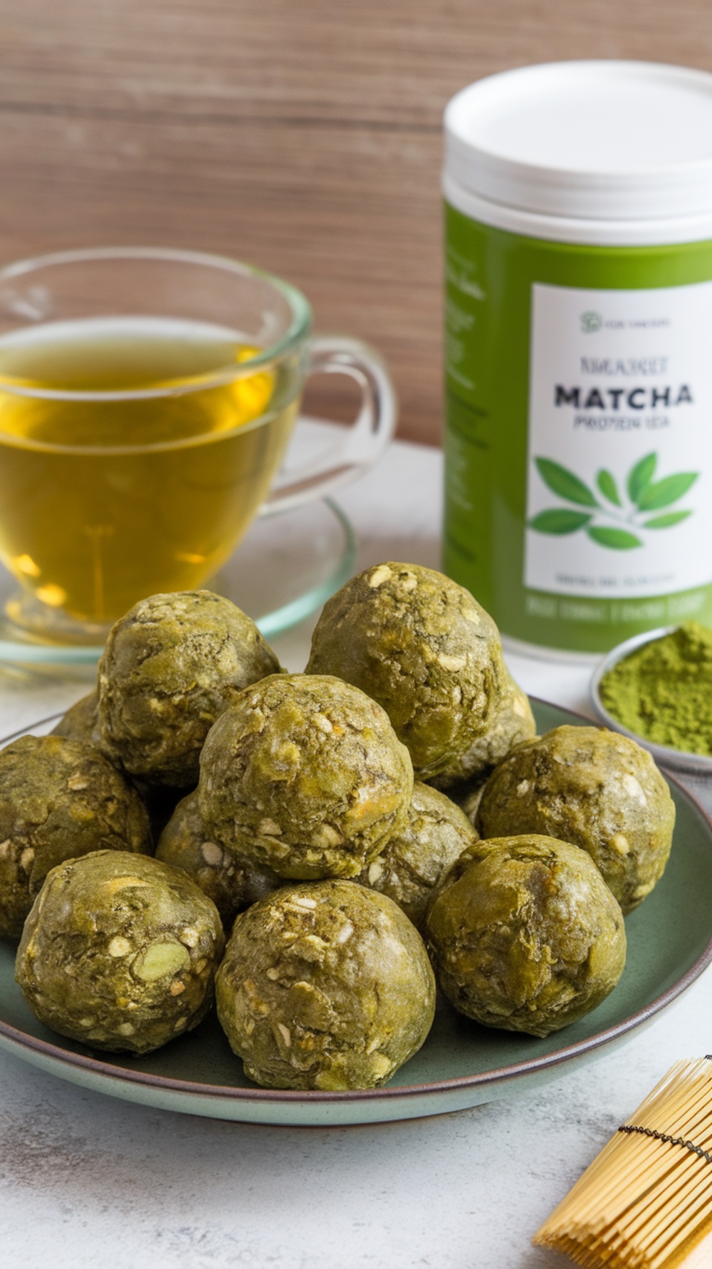 A plate of matcha green tea protein balls with a cup of green tea and matcha powder in the background.