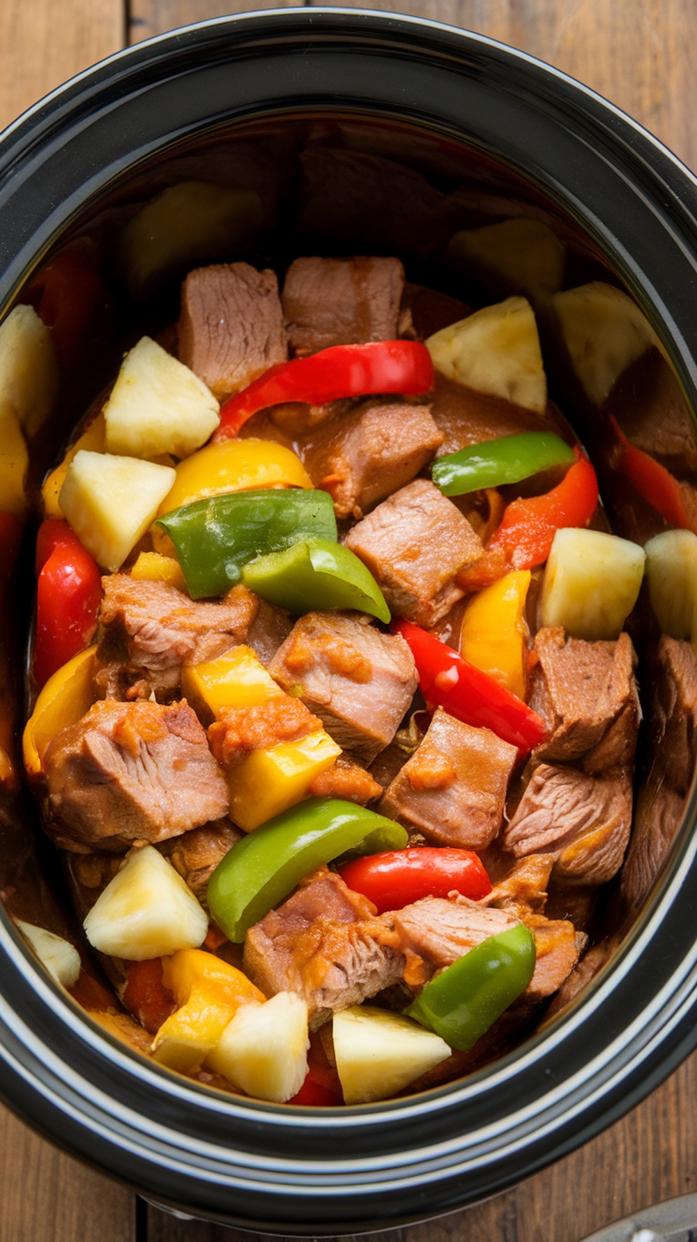 A slow cooker filled with sweet and sour pineapple pork, colorful bell peppers, and pineapple chunks.