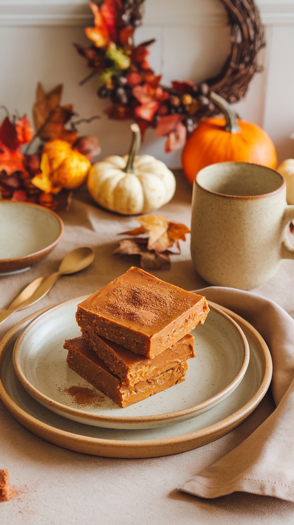 Homemade spiced pumpkin protein bars stacked on a plate, surrounded by autumn decorations.