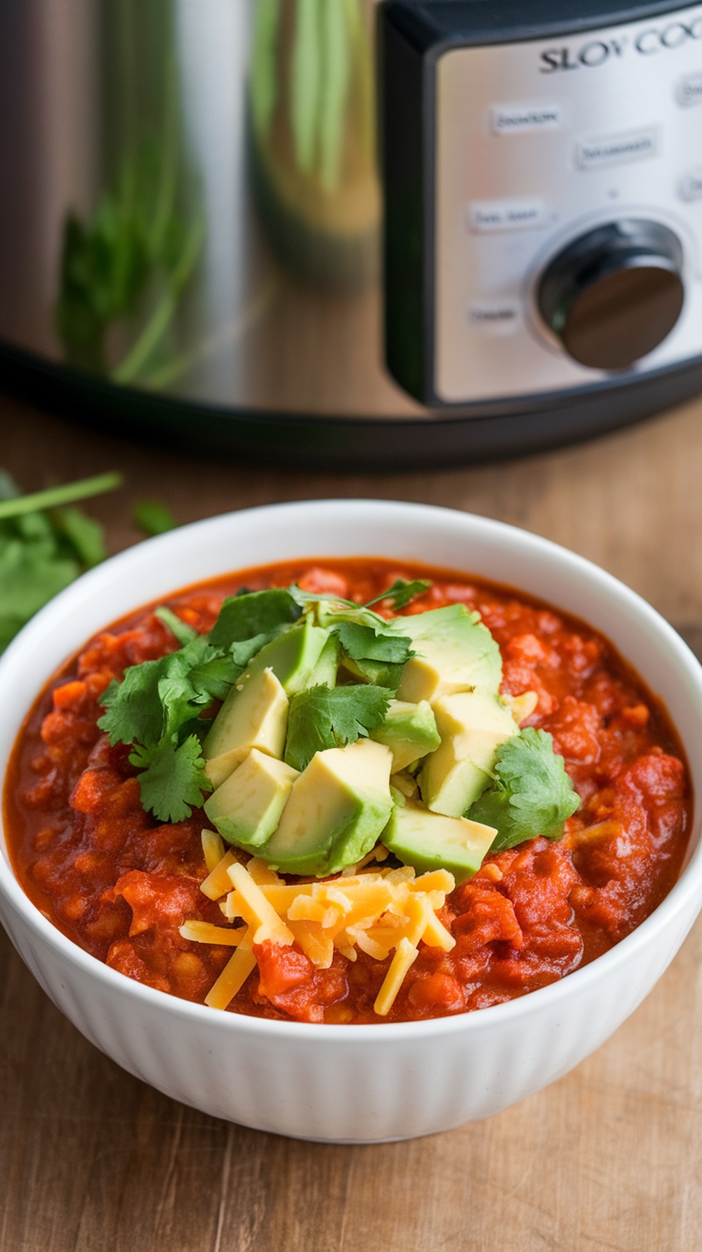 A bowl of low-carb chili topped with avocado, cilantro, and cheese, with a slow cooker in the background.