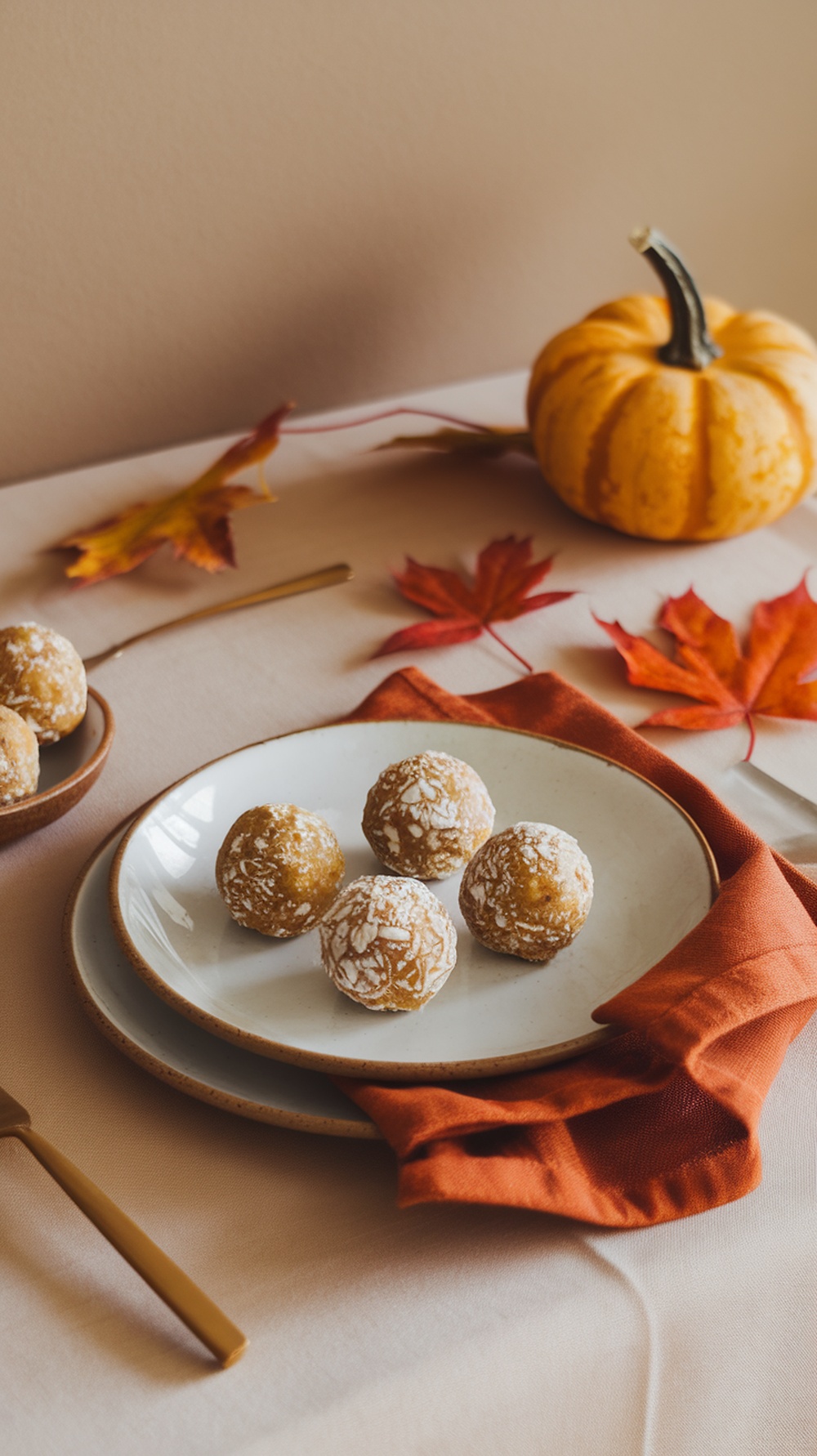 A plate of pumpkin spice protein balls with autumn leaves and a small pumpkin in the background.