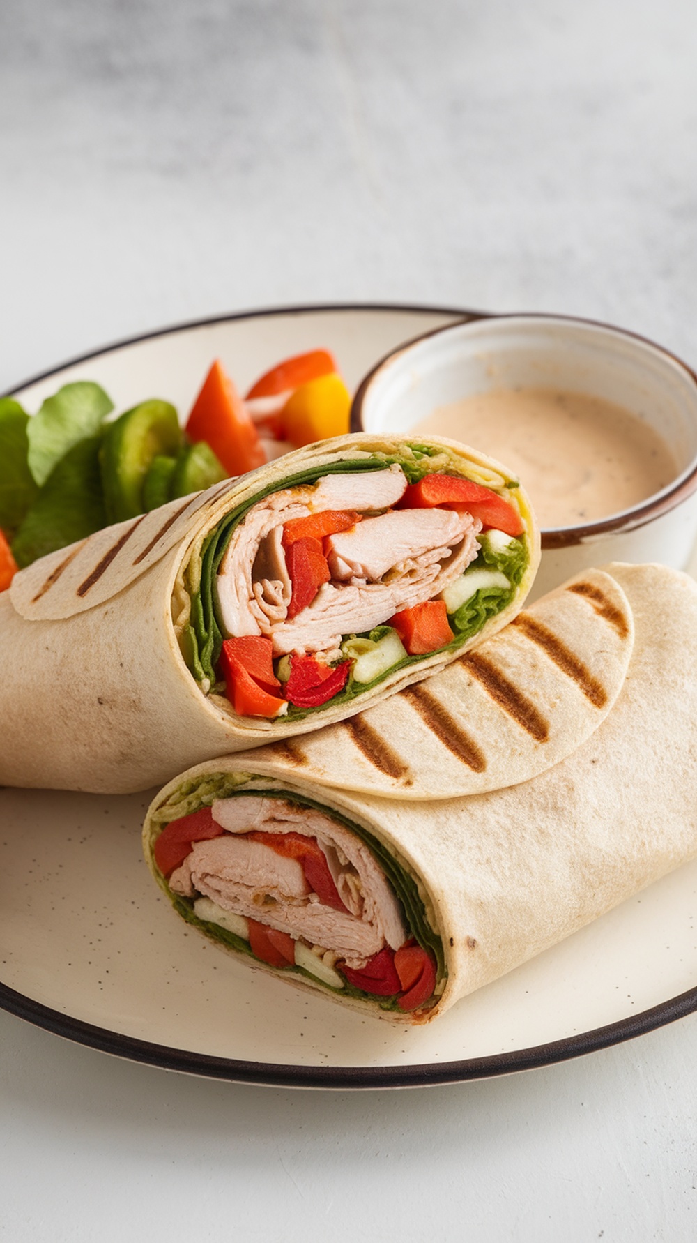 A grilled chicken and veggie wrap cut in half, served with fresh vegetables and a dipping sauce.