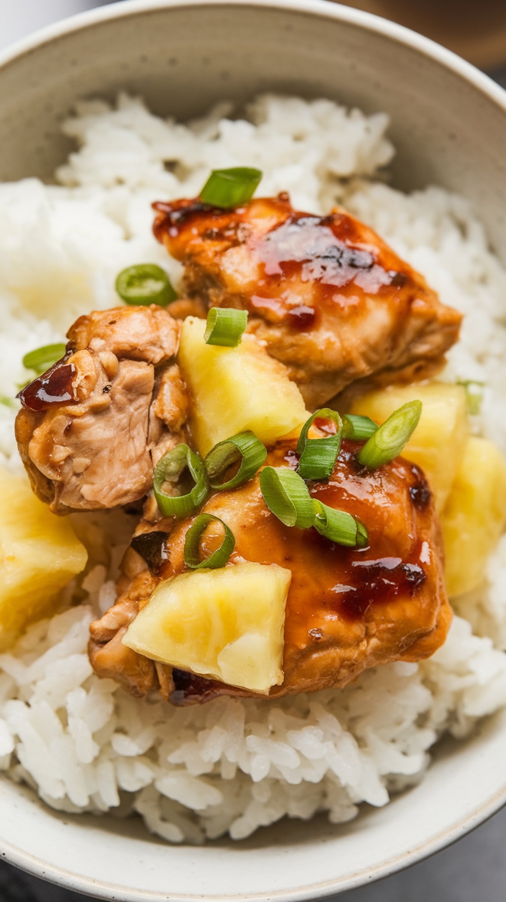 A bowl of teriyaki chicken with pineapple served over rice, garnished with green onions.