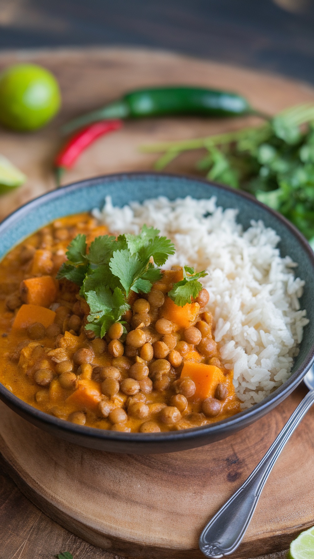 A bowl of lentil and sweet potato curry served with rice, garnished with cilantro.
