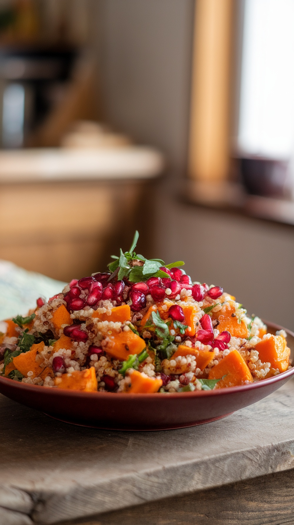 A vibrant roasted butternut squash and quinoa salad topped with pomegranate seeds, served in a rustic bowl.