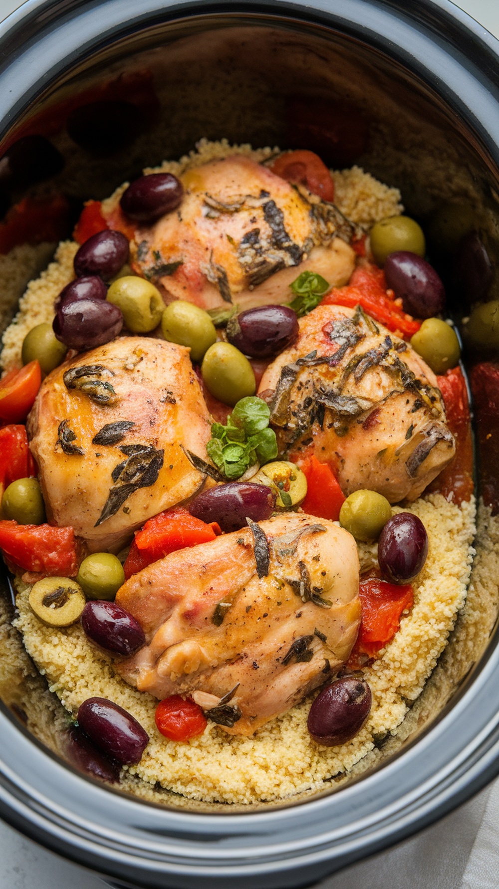 A slow cooker filled with Mediterranean chicken, olives, and tomatoes.