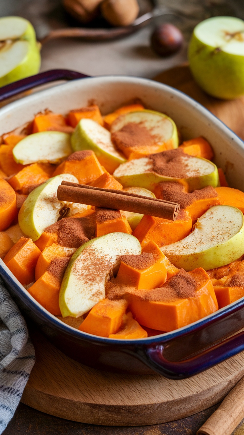 A baking dish filled with cubed butternut squash and sliced apples, sprinkled with cinnamon and topped with a cinnamon stick.