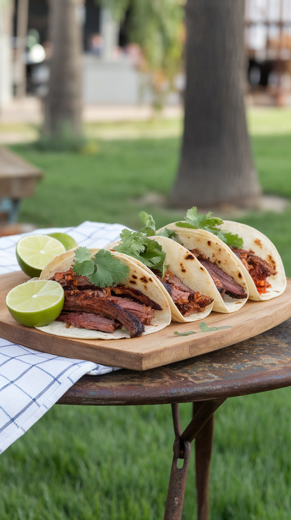 Three smoky chipotle brisket tacos on a wooden platter with lime wedges and cilantro.