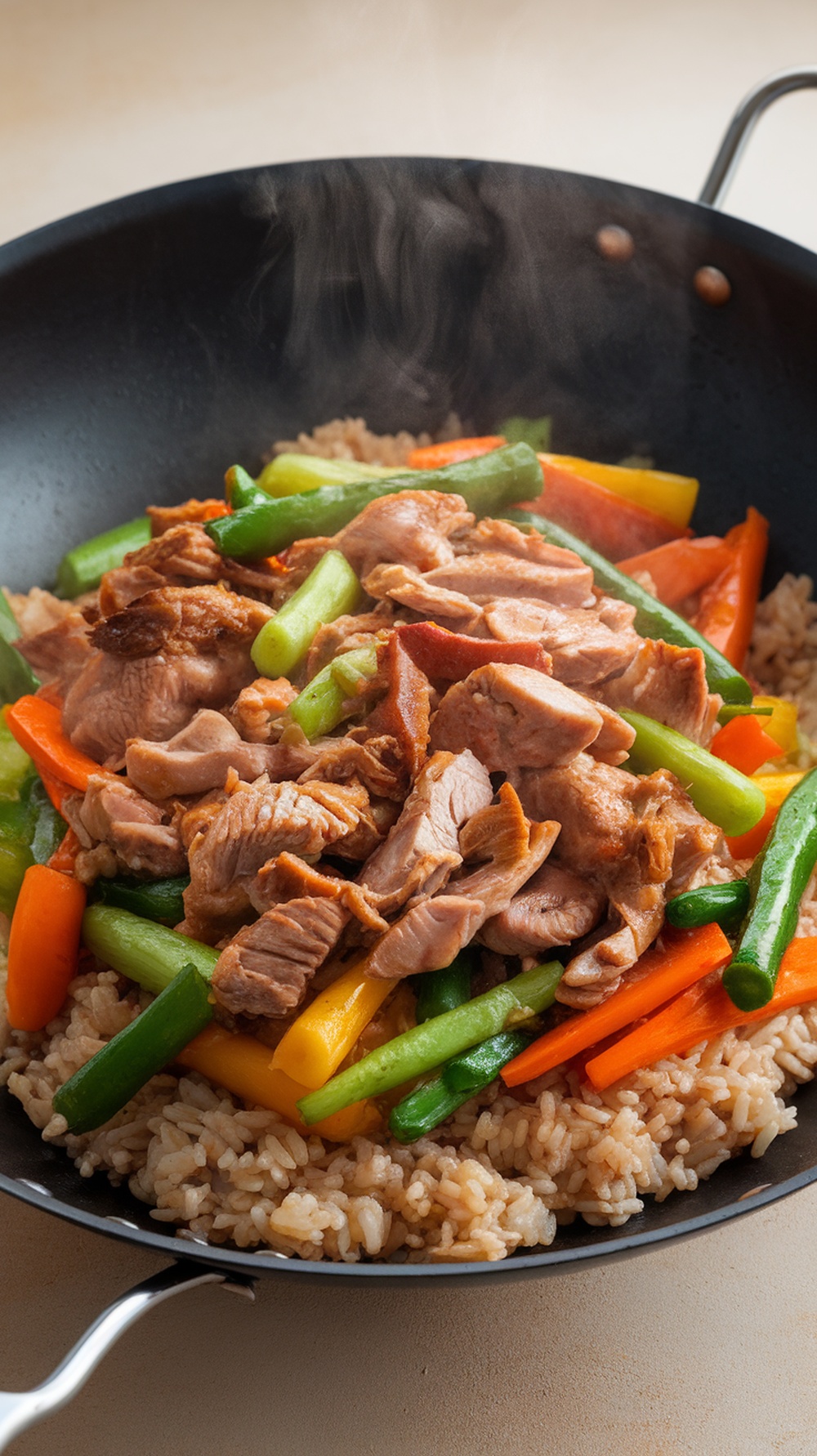 A colorful turkey and vegetable stir-fry in a wok, served over rice.