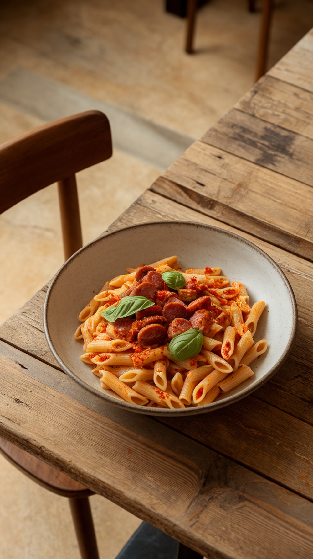 A bowl of Spicy Italian Sausage Penne pasta with sausage slices and basil on a wooden table.