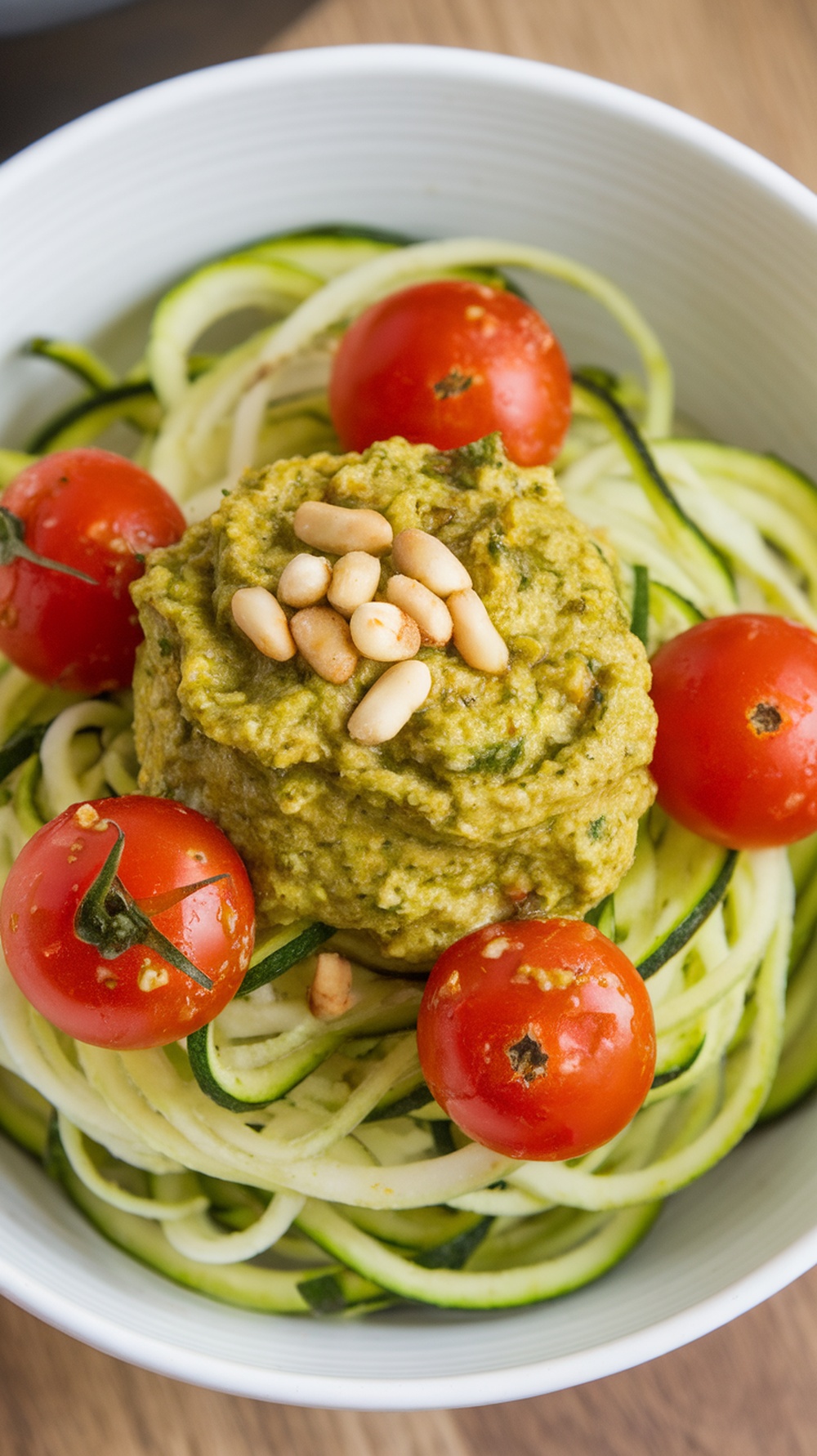 A bowl of zucchini noodles topped with pesto and cherry tomatoes.