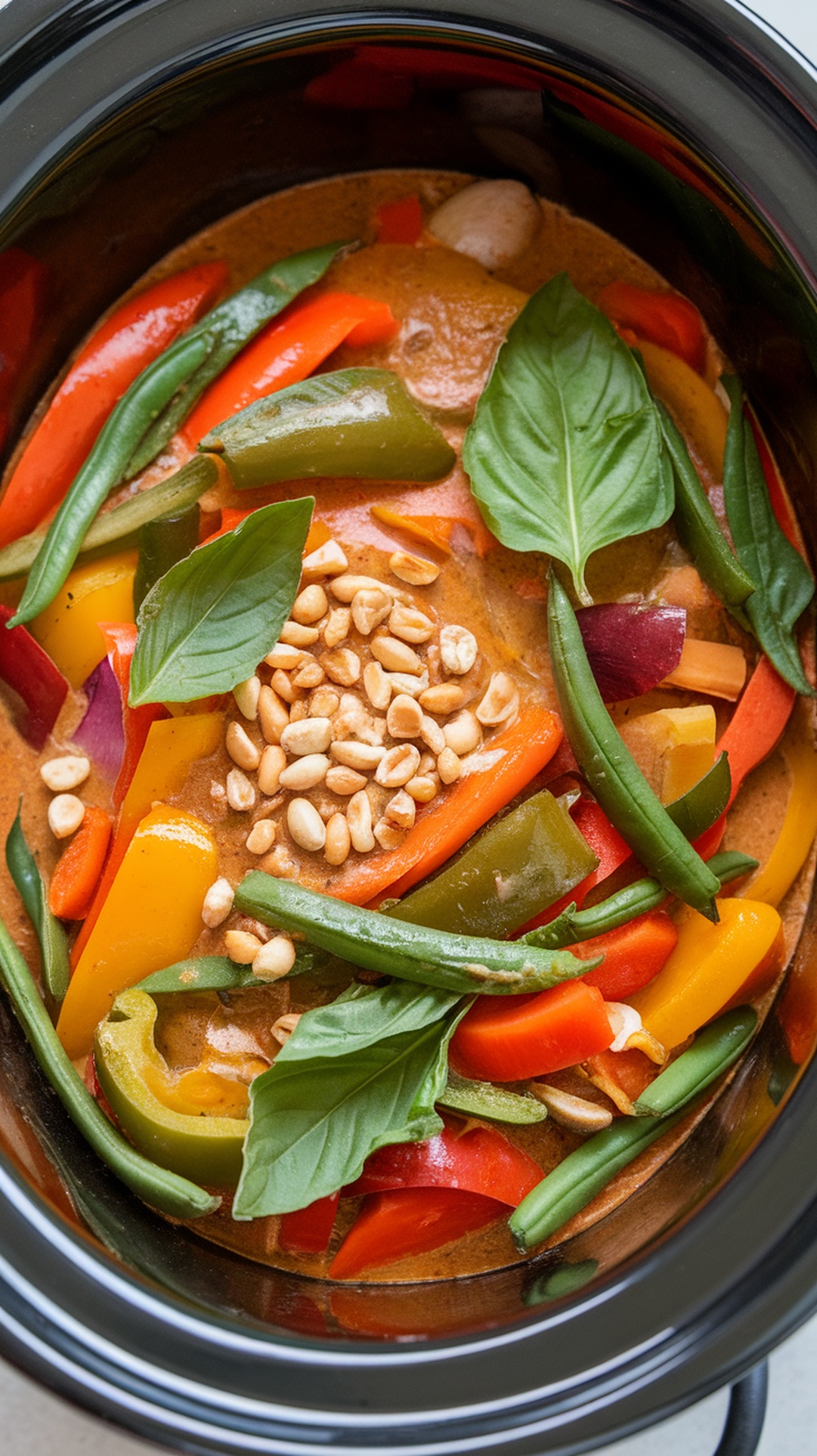 A colorful Thai Peanut Vegetable Stew in a slow cooker, featuring vibrant bell peppers, green beans, and topped with fresh basil and peanuts.