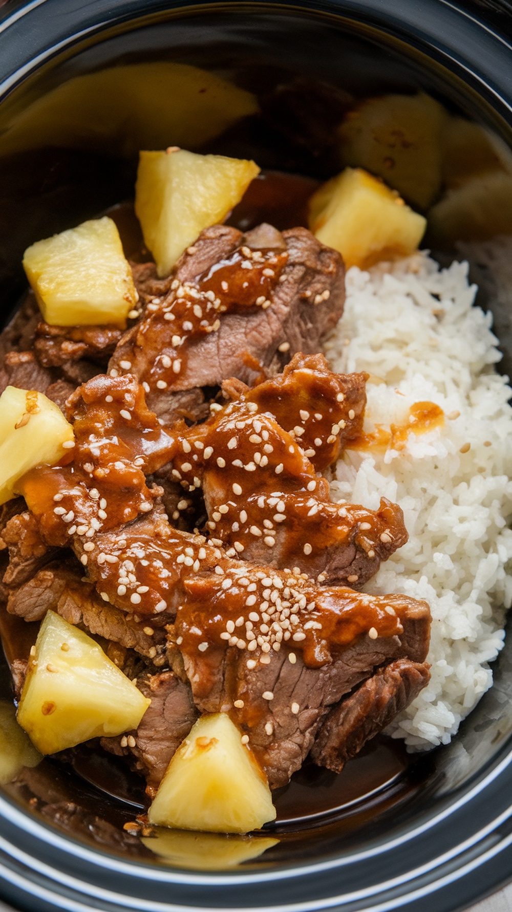 A bowl of teriyaki beef with pineapple chunks and rice, garnished with sesame seeds.