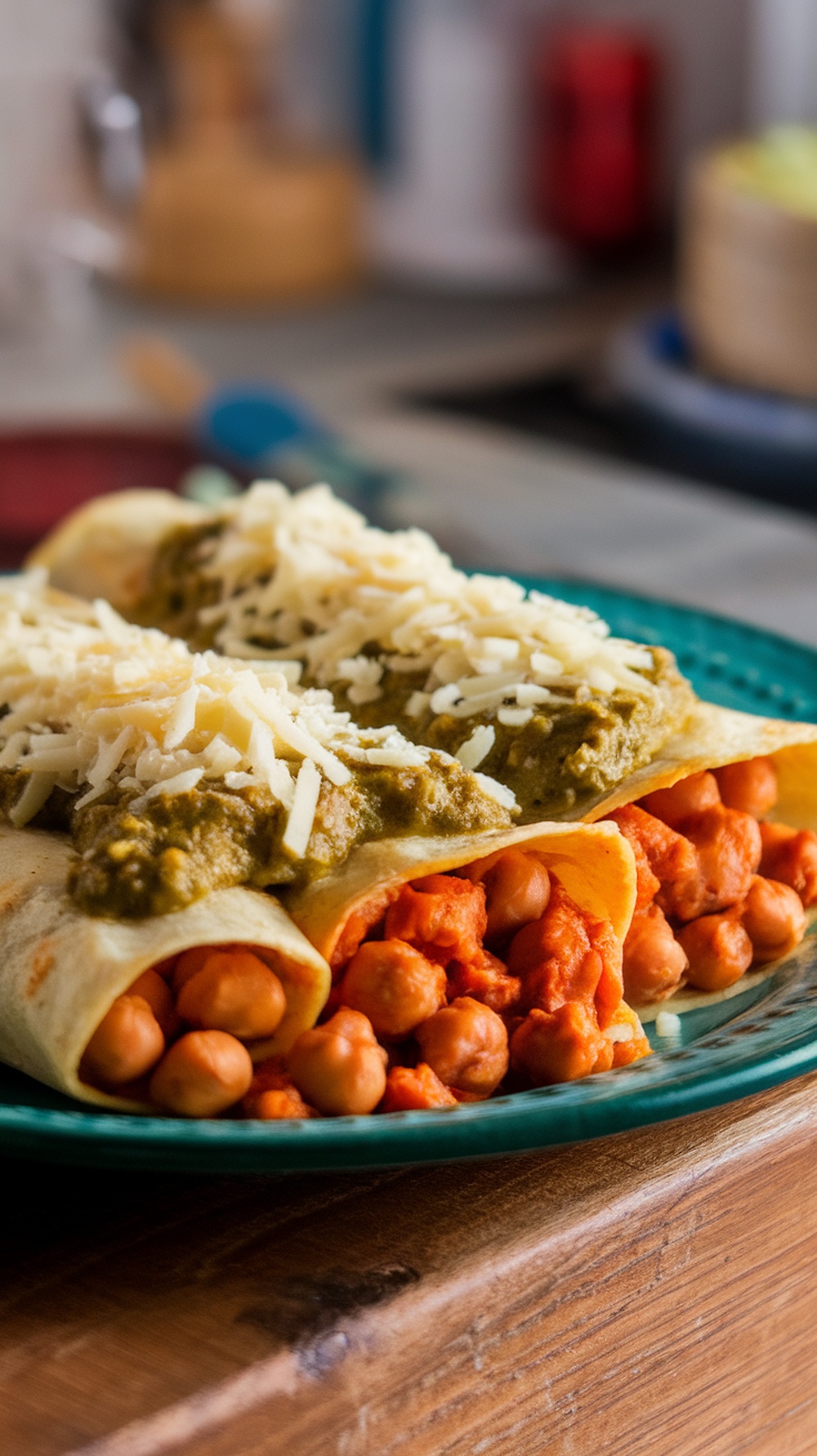Chickpea and sweet potato enchiladas topped with cheese and sauce