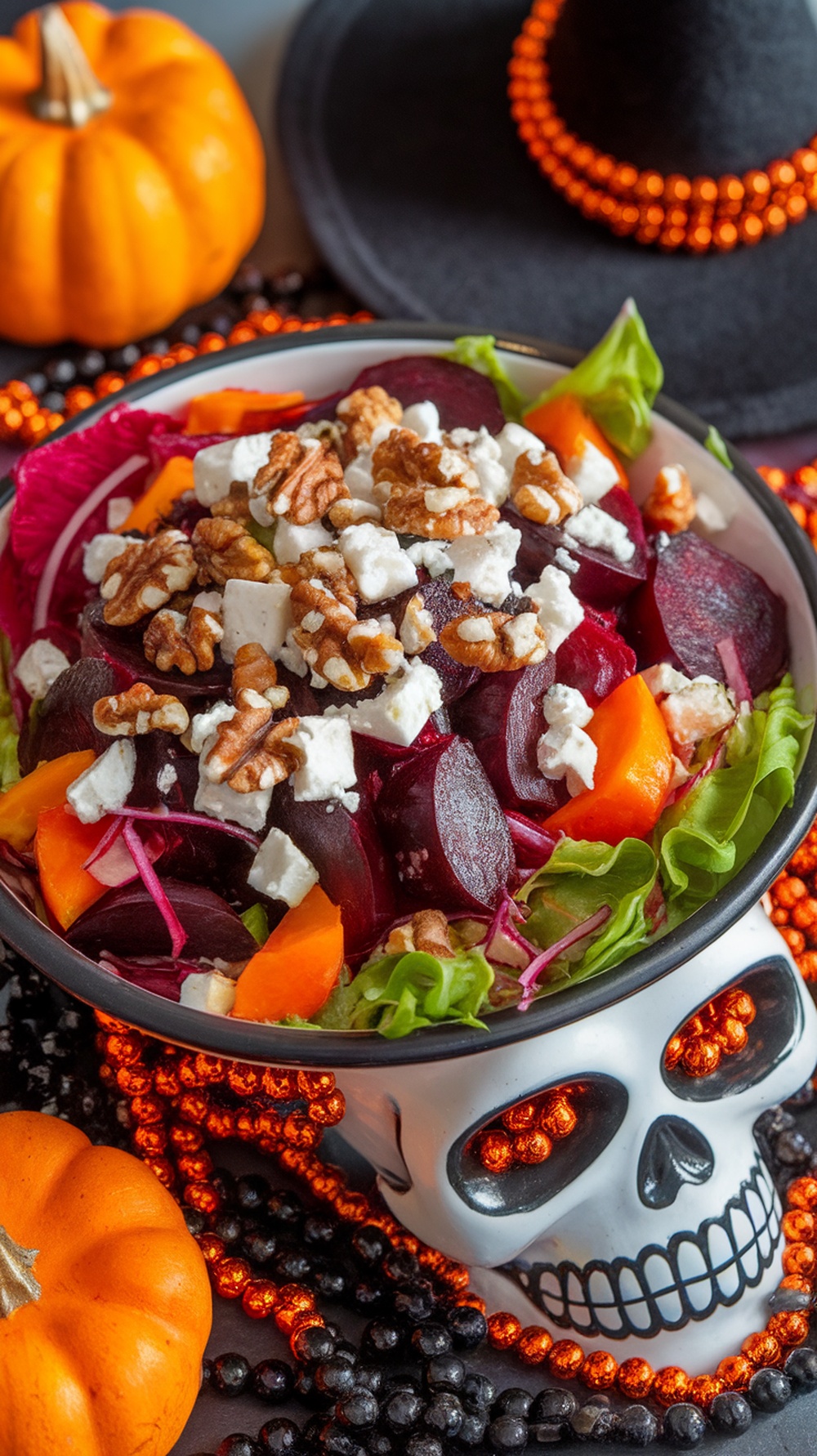 A vibrant roasted beet salad with feta and walnuts, served in a skull-shaped bowl, surrounded by Halloween decorations.