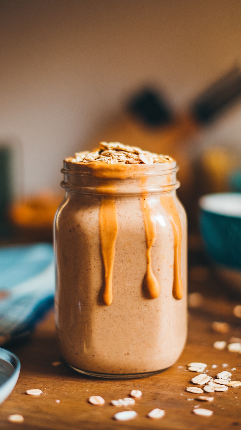 A jar of peanut butter oatmeal smoothie topped with peanut butter and oats.