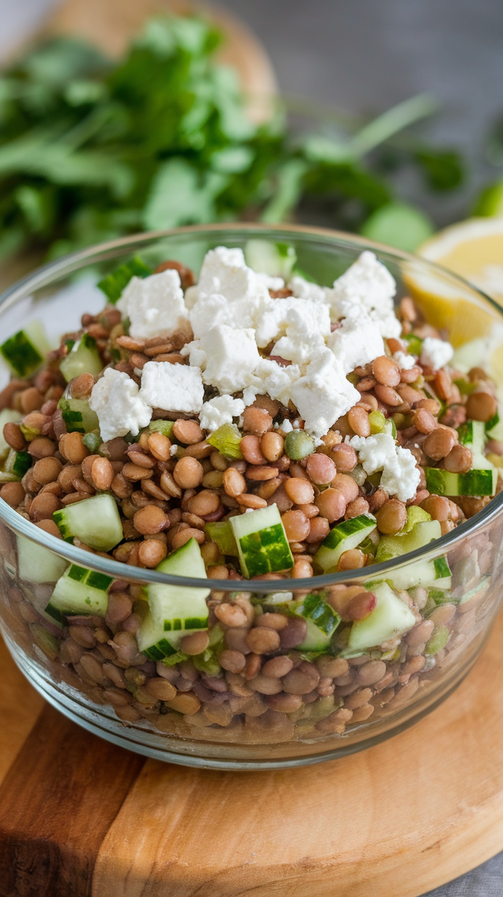 A bowl of Mediterranean lentil salad with cucumber and feta cheese.