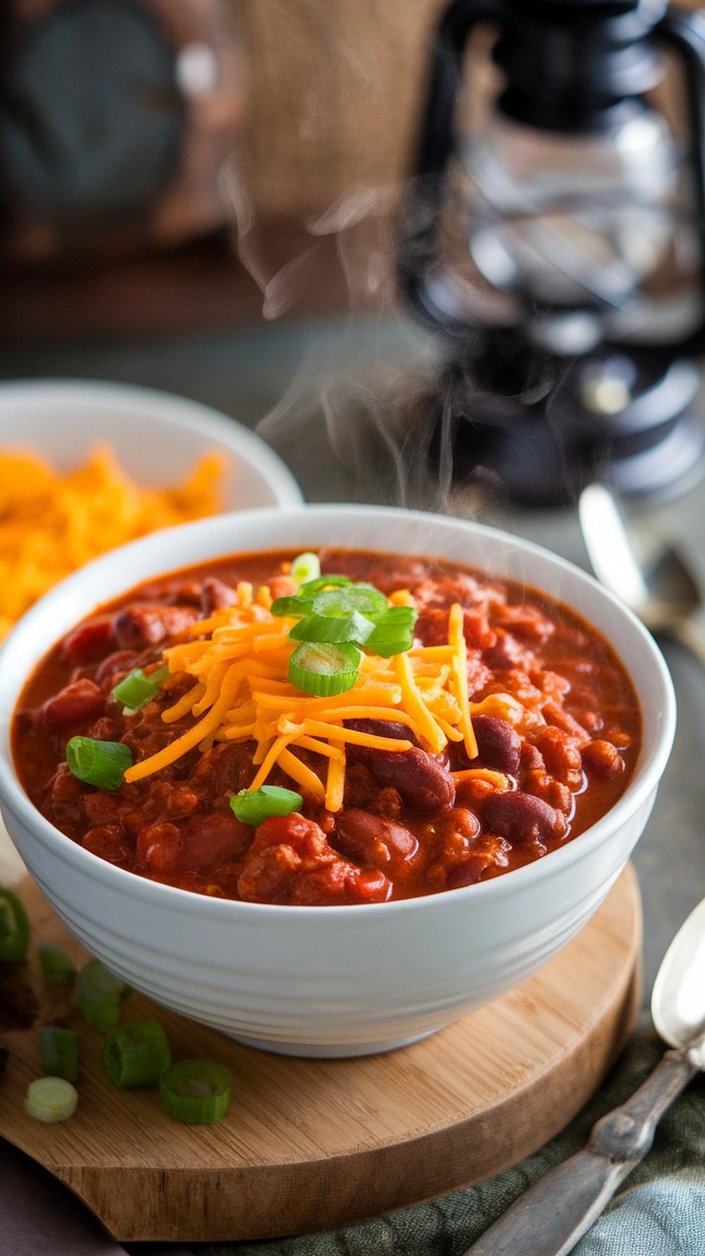 A steaming bowl of beef chili with beans, topped with shredded cheese and green onions.