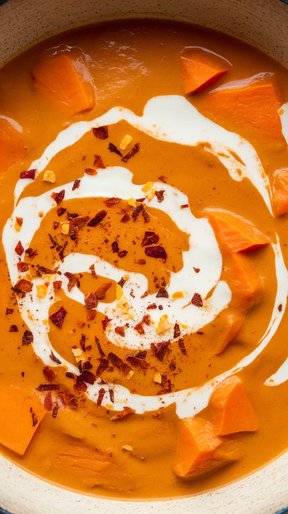A bowl of sweet potato and coconut soup topped with coconut cream and red pepper flakes.