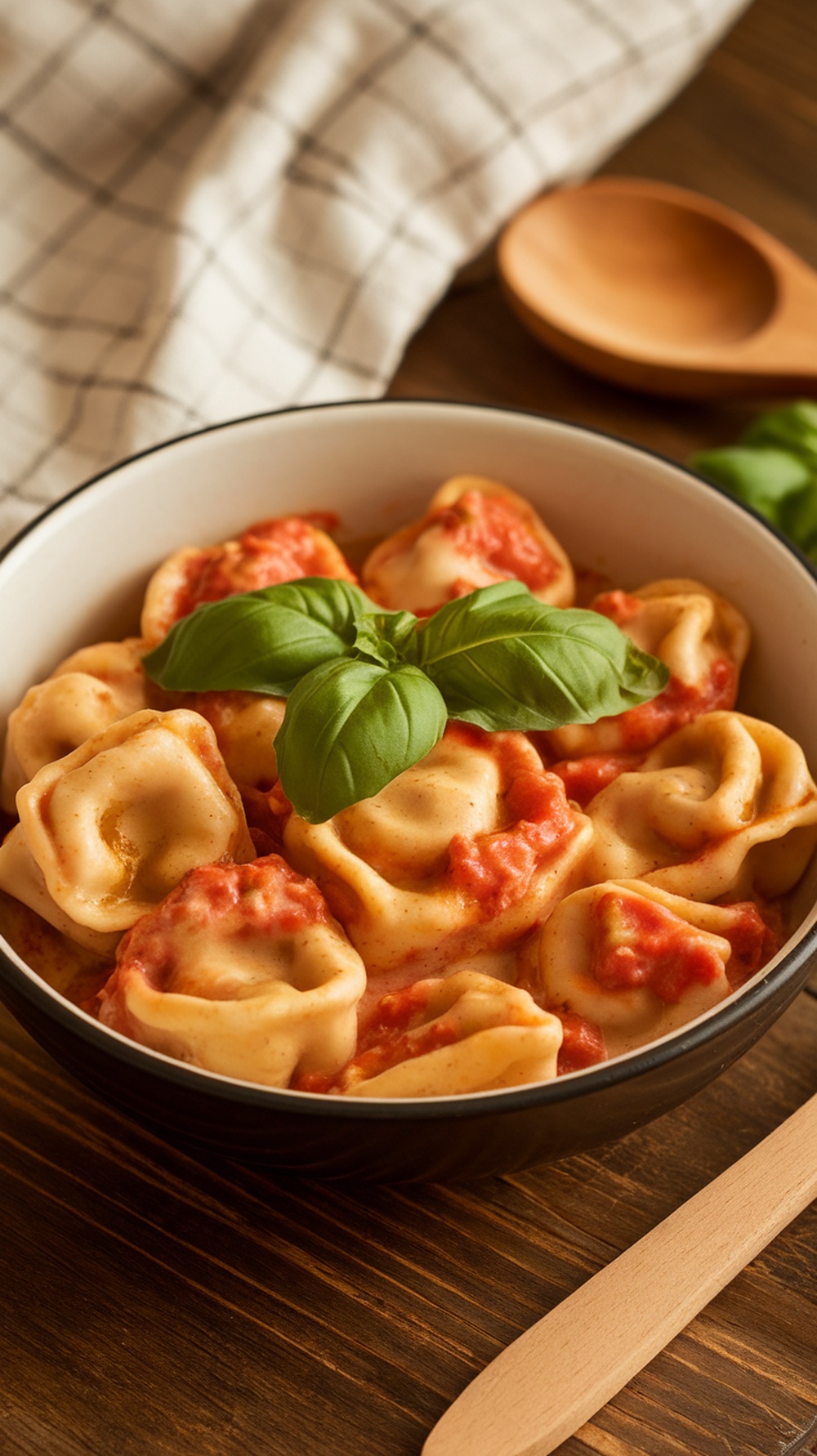 A bowl of creamy tomato basil tortellini topped with a fresh basil leaf.
