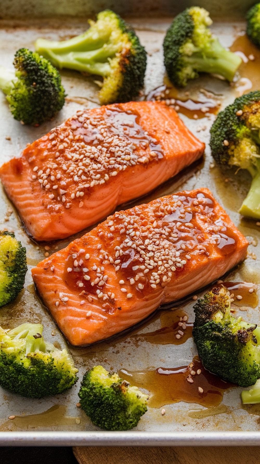 Teriyaki salmon with broccoli on a sheet pan