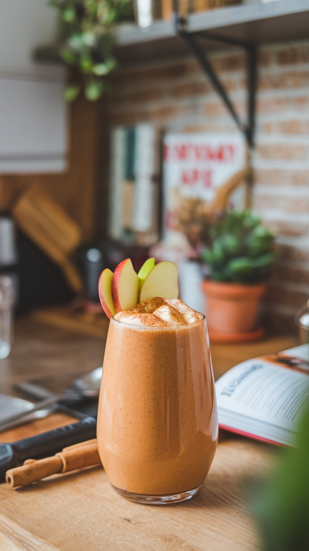 A Cinnamon Apple Pie Smoothie in a glass, topped with apple slices and cinnamon, set in a cozy kitchen.