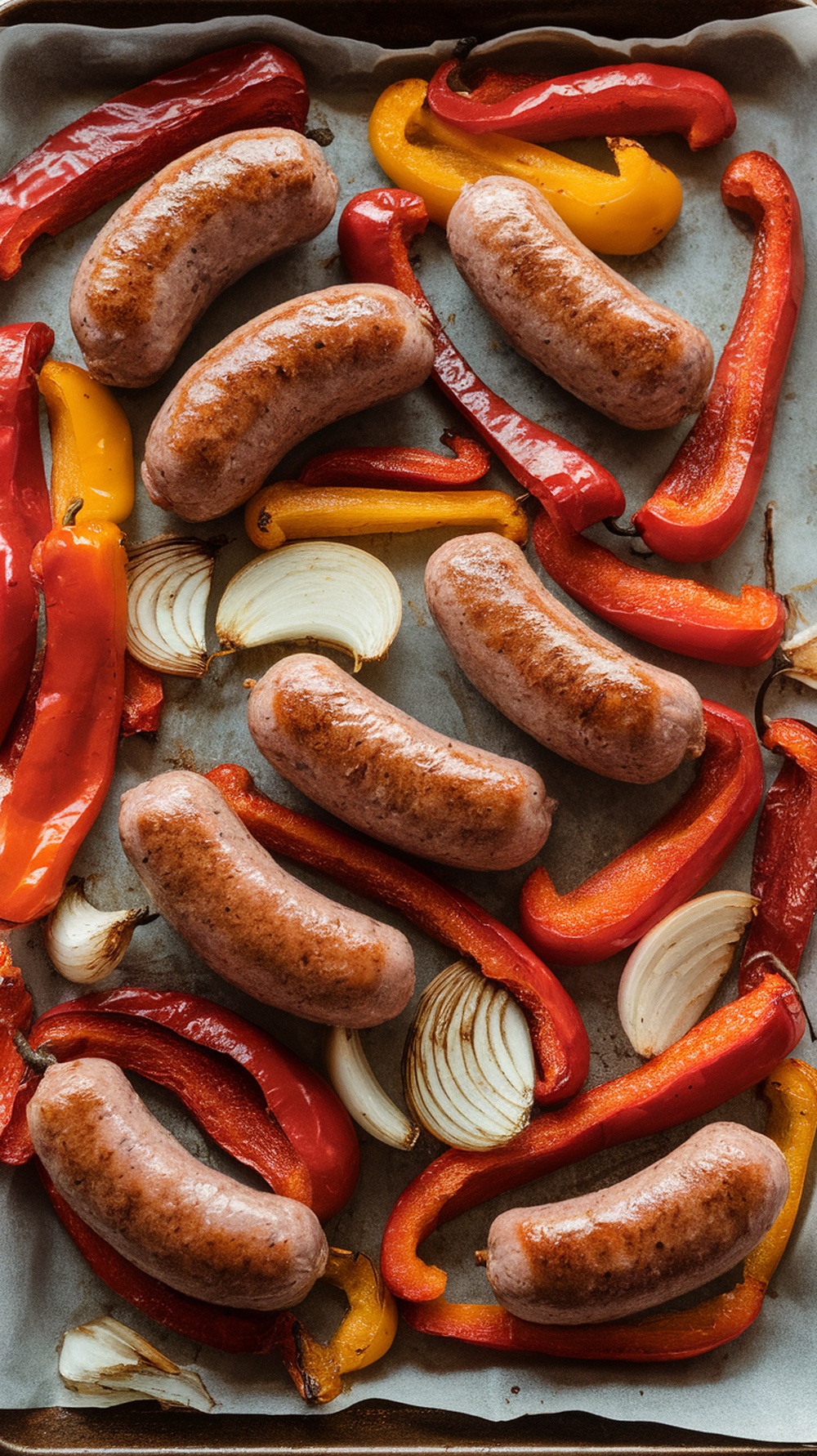 A sheet pan with Italian sausages, red and yellow bell peppers, and onions, ready to be baked.