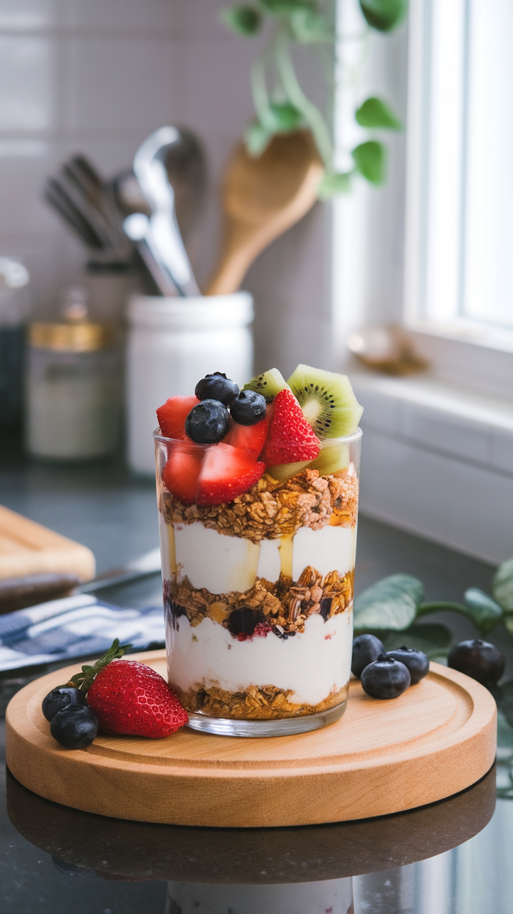 A Greek yogurt parfait with granola, topped with fresh berries and kiwi, served in a glass.
