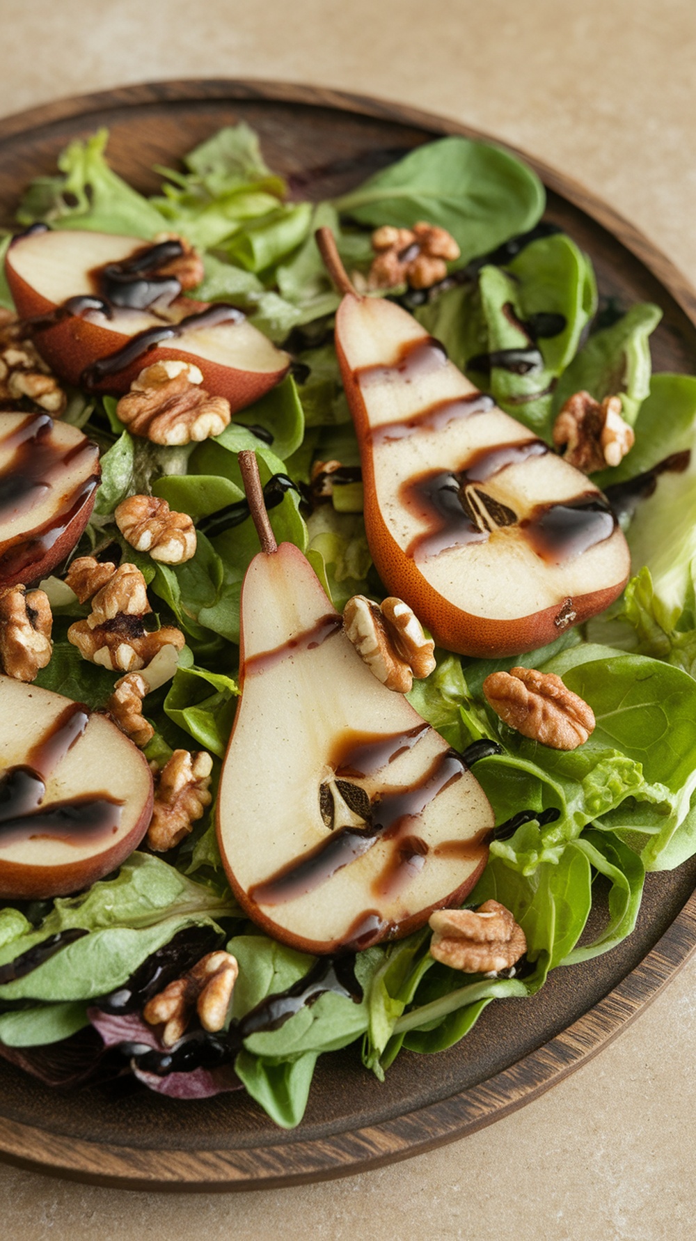 A fresh salad with grilled pears, walnuts, and mixed greens drizzled with balsamic glaze.