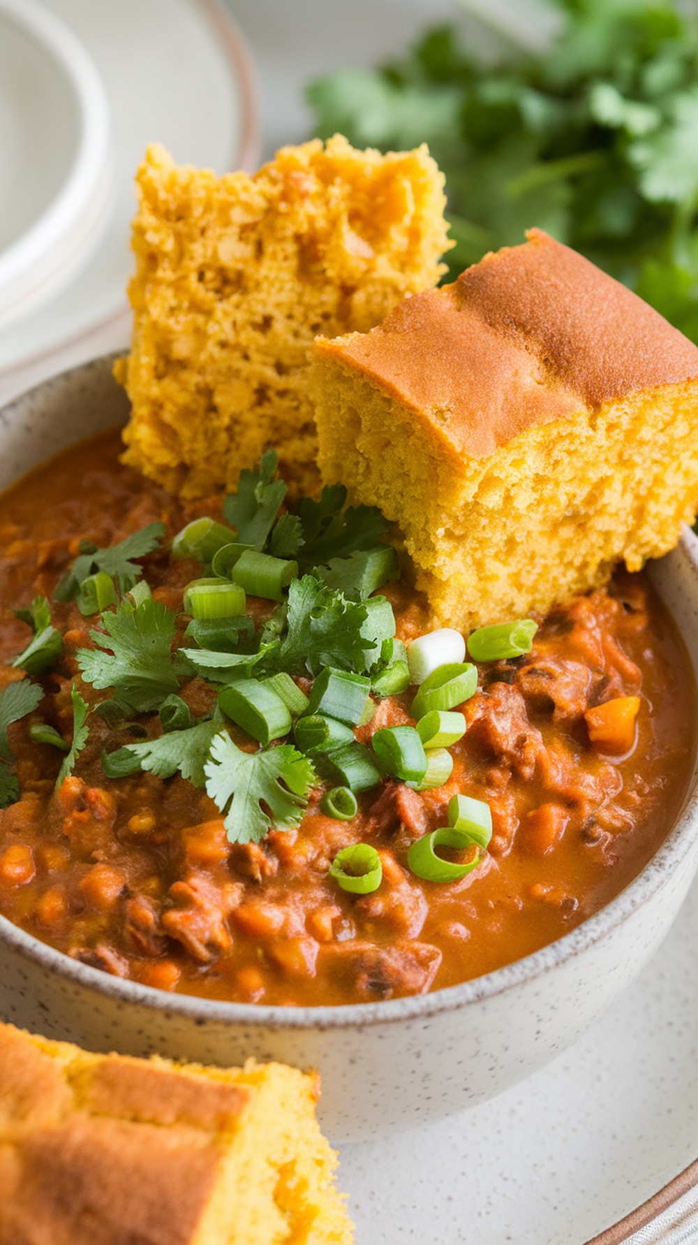 A bowl of pumpkin and turkey chili topped with green onions and cilantro, served with cornbread.