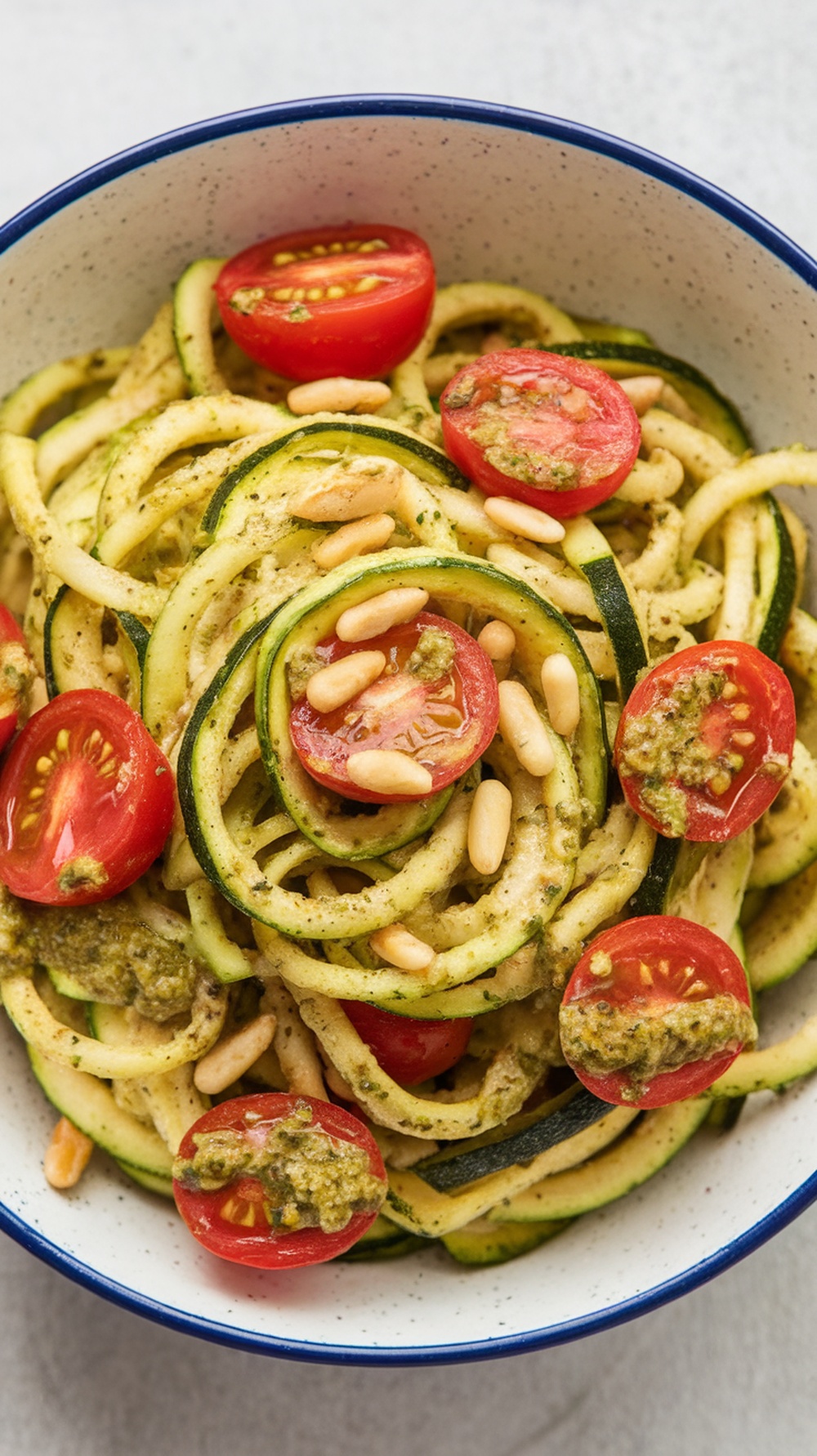 A bowl of zucchini noodles with pesto and cherry tomatoes, garnished with pine nuts.