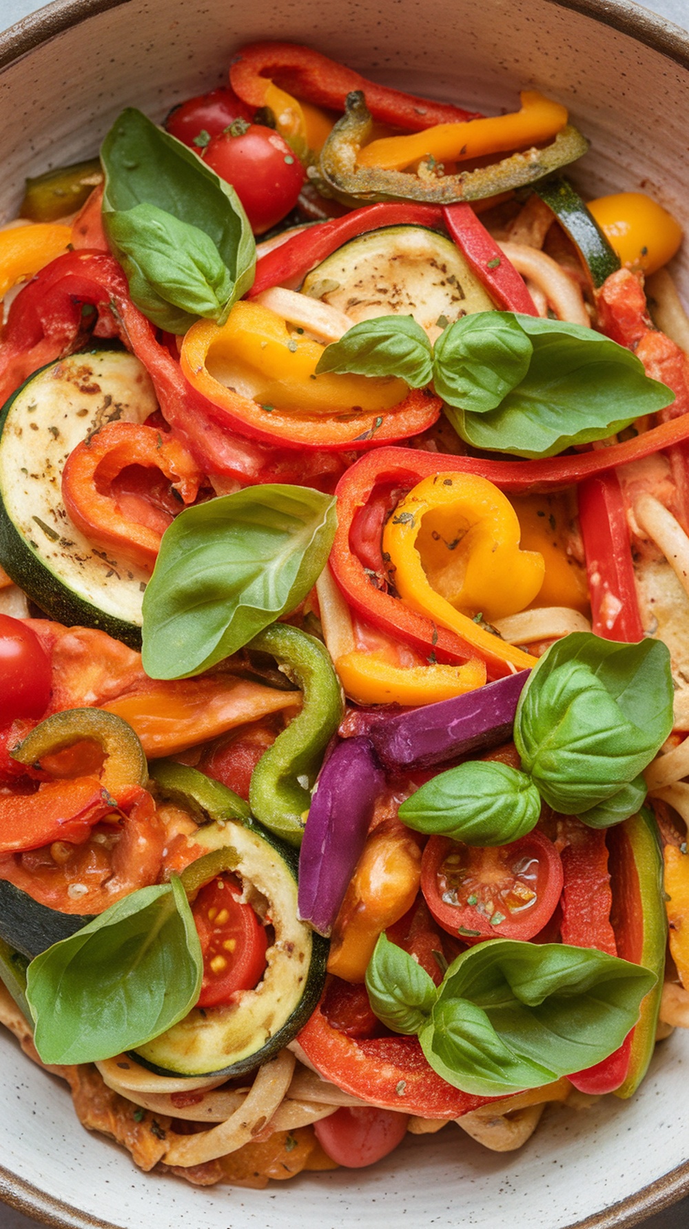 A colorful bowl of Vegetable Primavera with various fresh vegetables and herbs