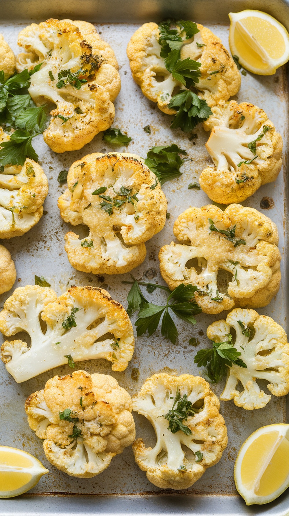 Garlic Parmesan Cauliflower Steaks on a sheet pan with parsley and lemon wedges