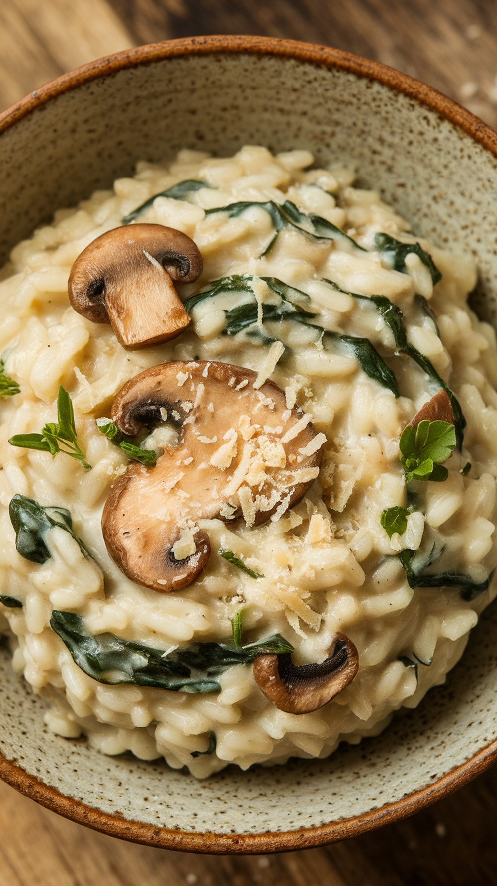 A bowl of creamy mushroom and spinach risotto topped with sliced mushrooms and herbs.