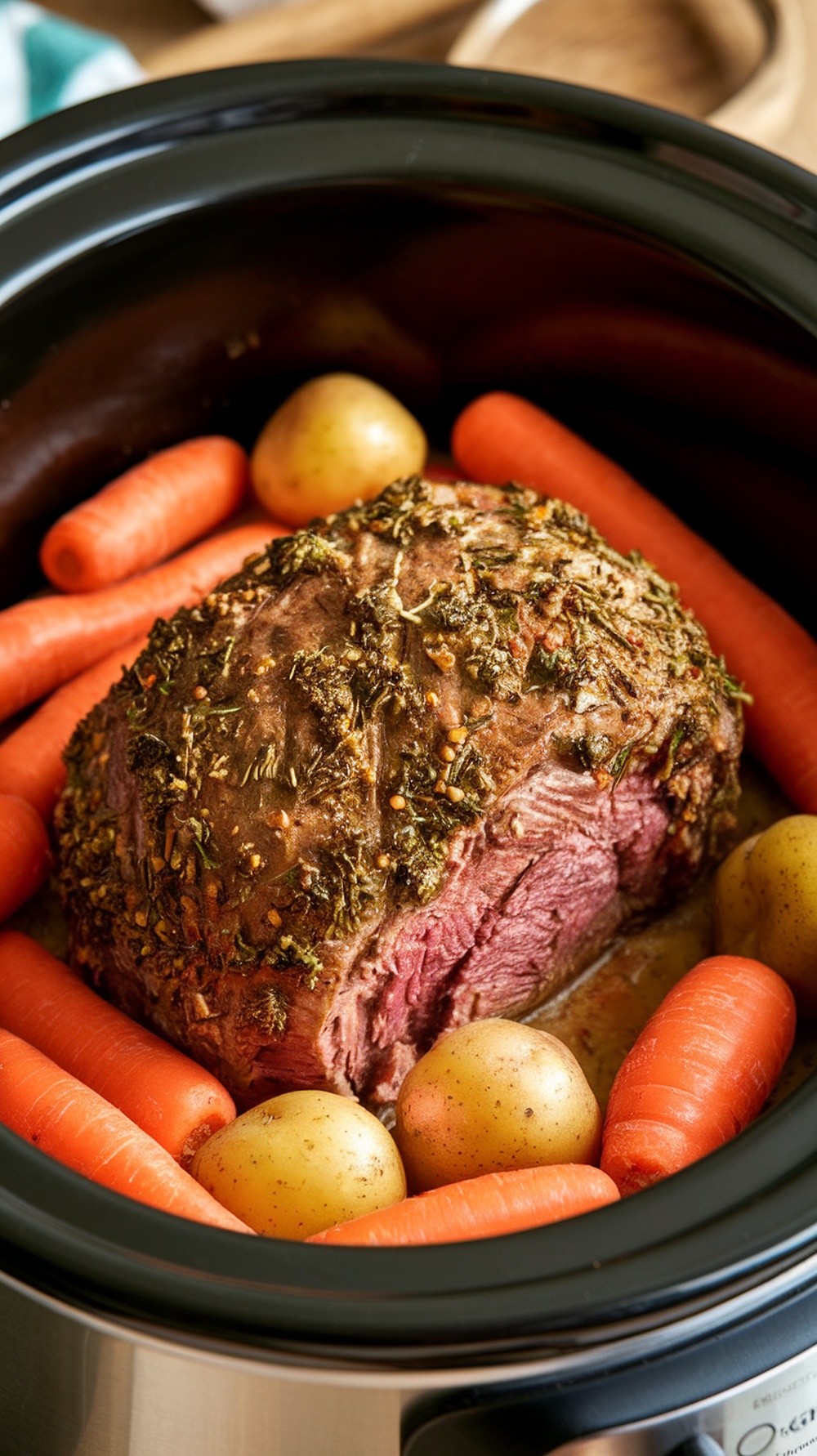 A slow cooker filled with a herb-crusted pot roast, carrots, and potatoes.