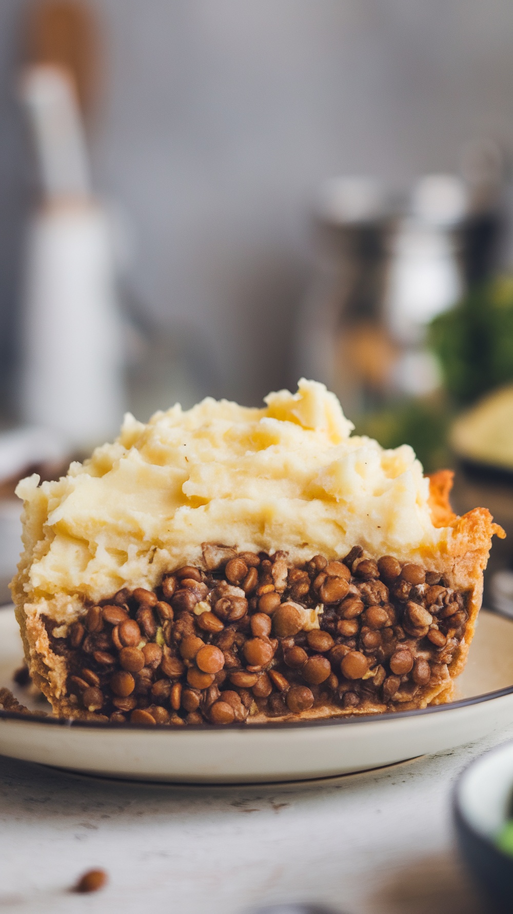 A slice of lentil and mushroom shepherd's pie with creamy mashed potatoes on top.