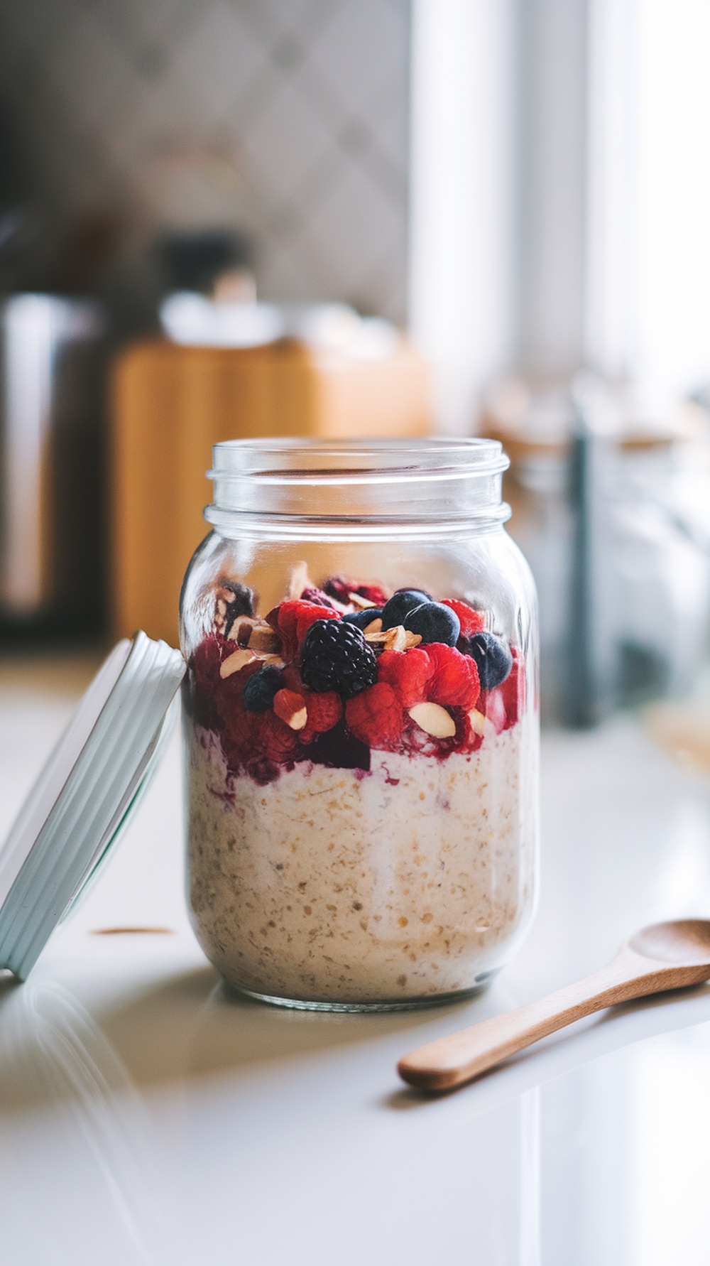 A jar of Berry Almond Overnight Oats with layers of oats, berries, and almonds.