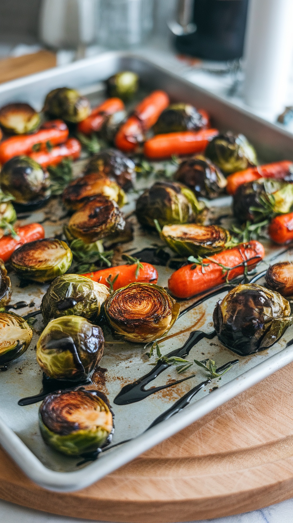 Balsamic glazed Brussels sprouts and carrots on a sheet pan