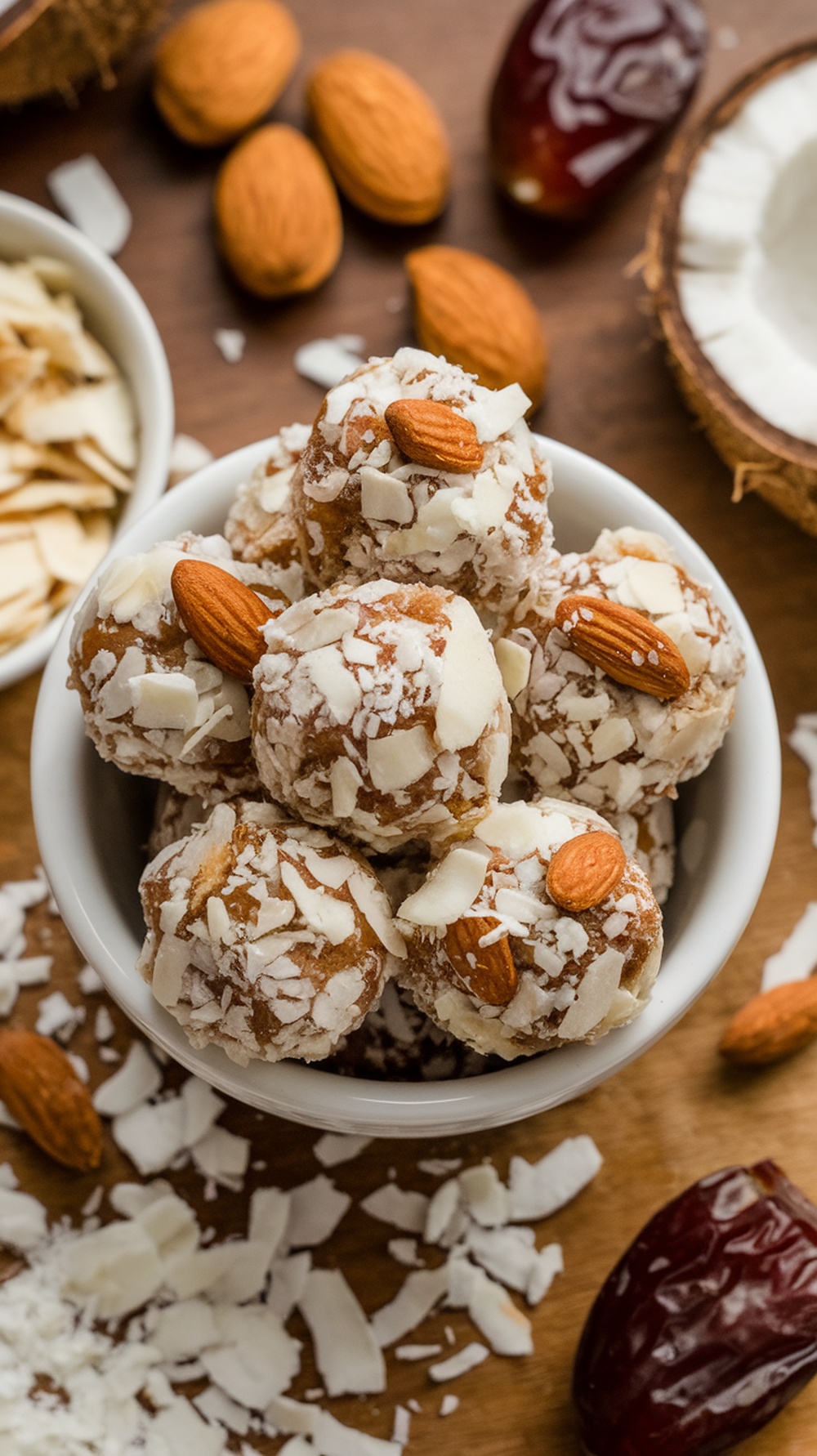 A bowl of Coconut Almond Energy Bites topped with almonds and surrounded by coconut flakes.