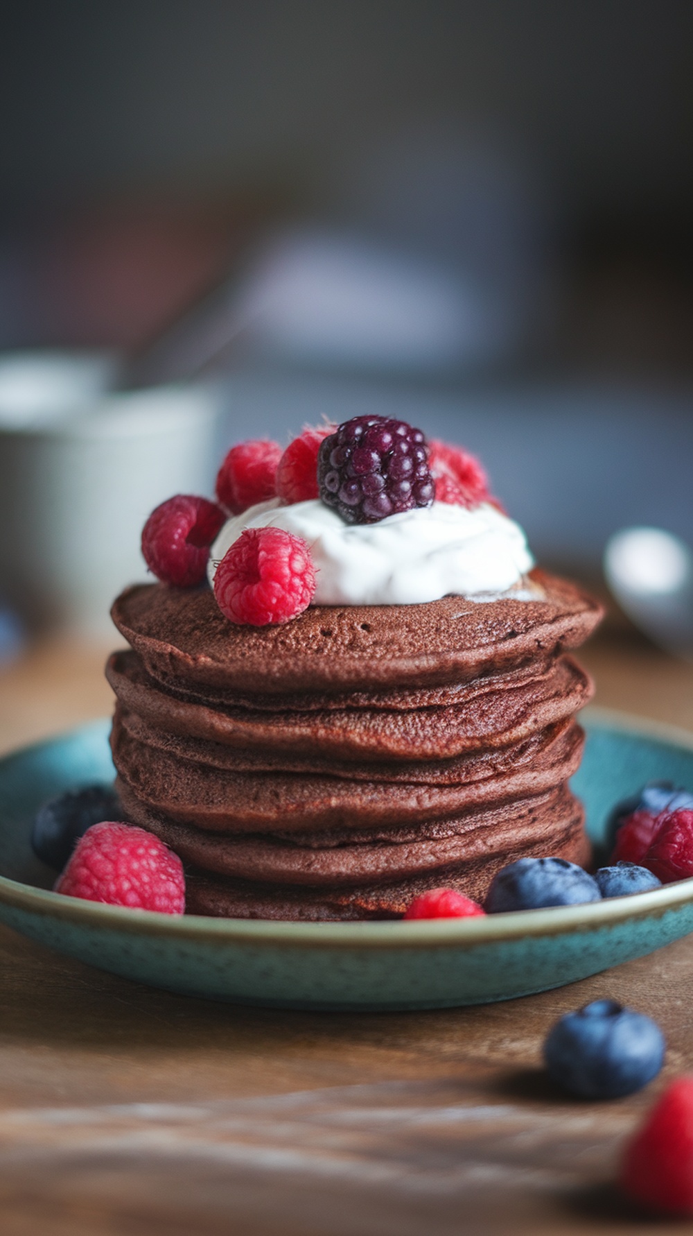A stack of chocolate protein pancakes topped with fresh berries and Greek yogurt on a blue plate.