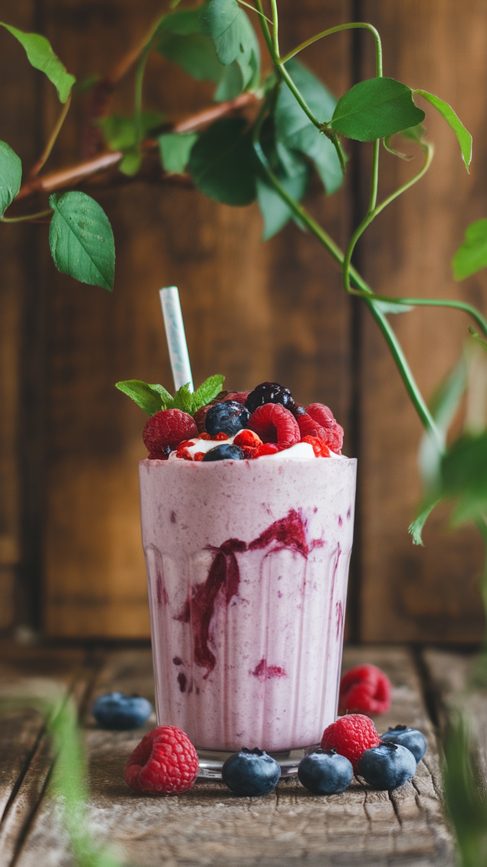 A refreshing Berry Blast Protein Shake topped with fresh berries and mint, served in a glass.