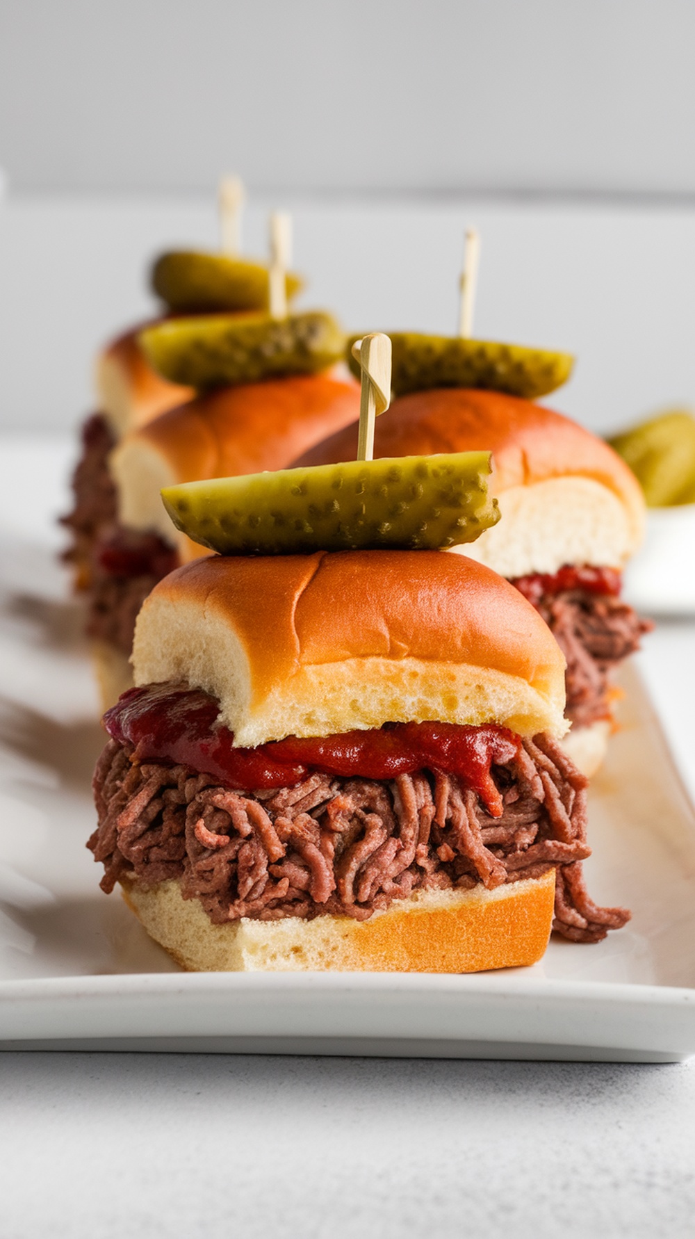 BBQ beef sliders with pickles on a platter