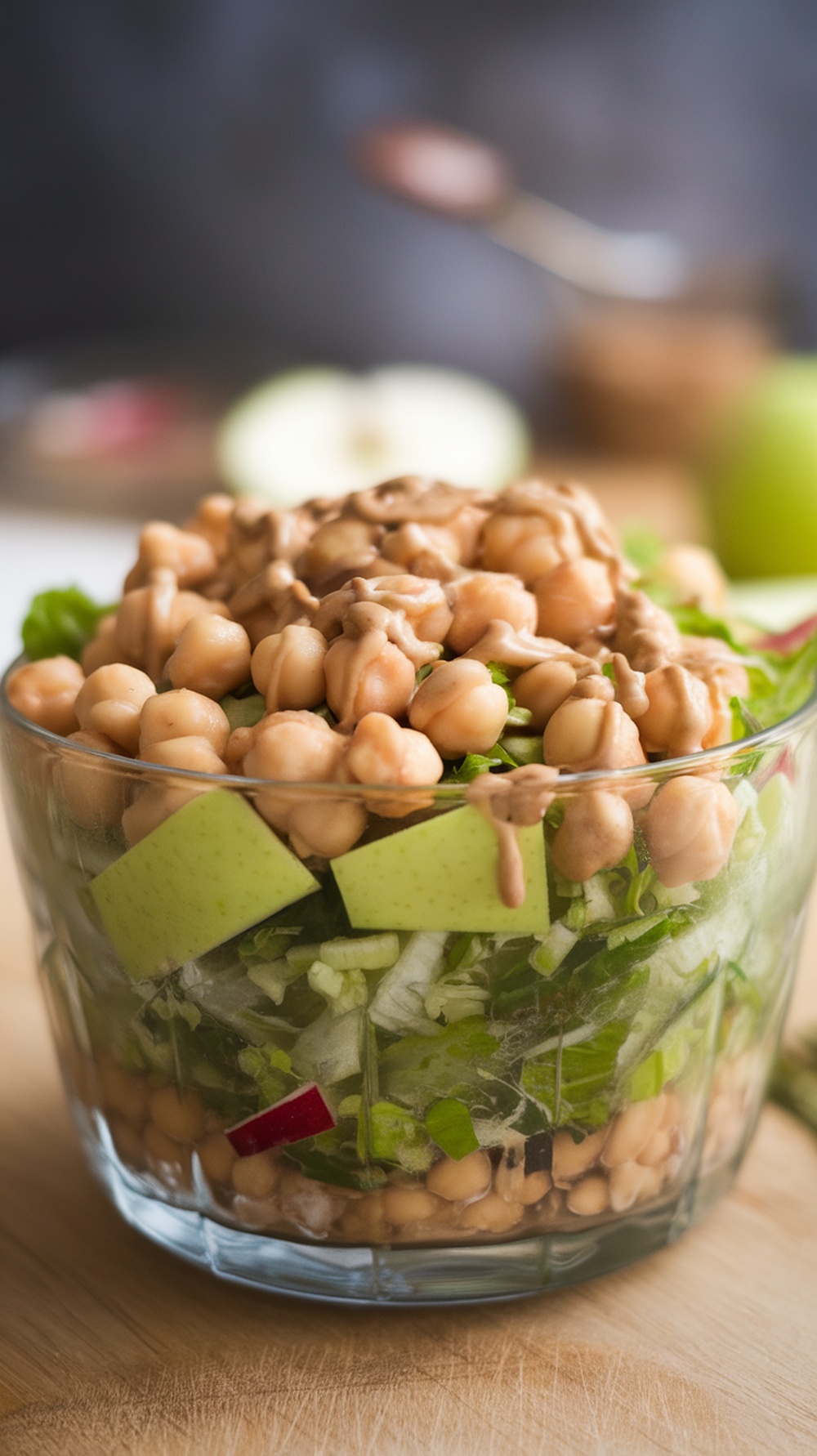A colorful salad with chickpeas, diced apples, and greens topped with tahini dressing.