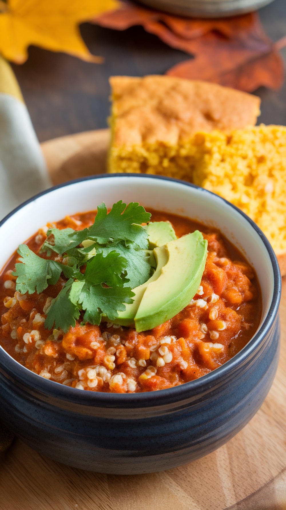 A bowl of pumpkin and quinoa chili topped with avocado and cilantro, served with cornbread on the side.