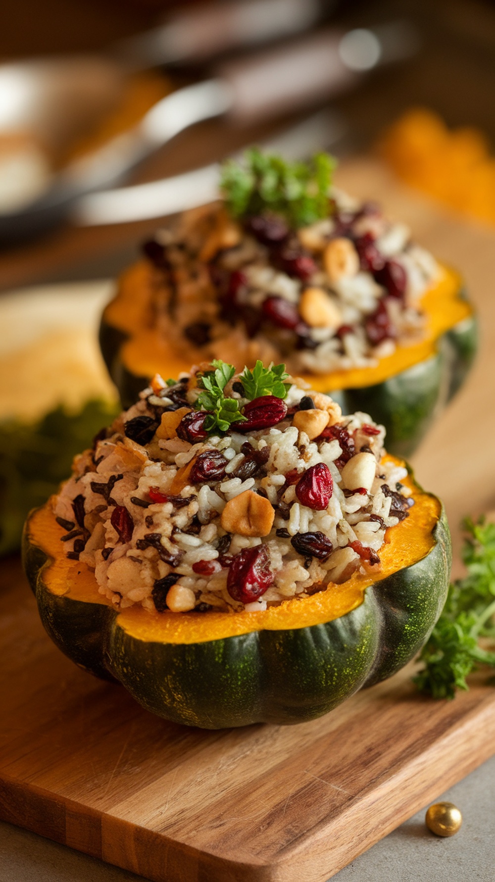 Stuffed acorn squash filled with wild rice, nuts, and cranberries